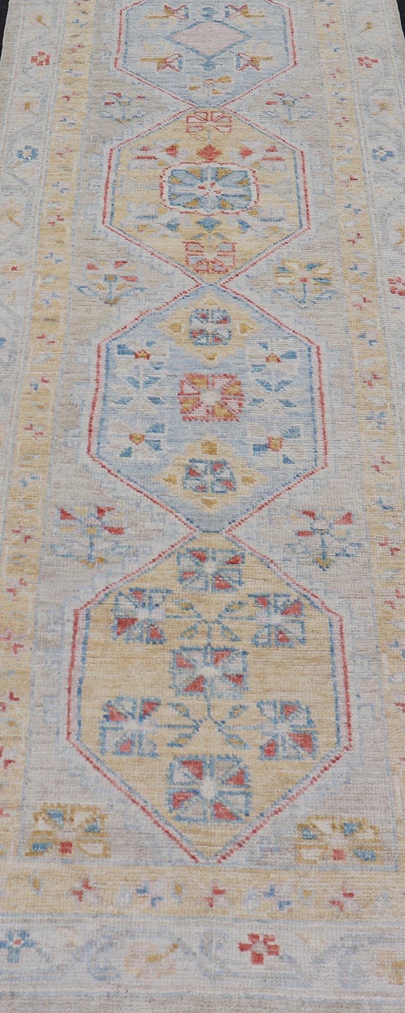 Afghan Hand-Knotted Medallion Oushak Design Runner featuring Faded Yellow and Blue's For Sale