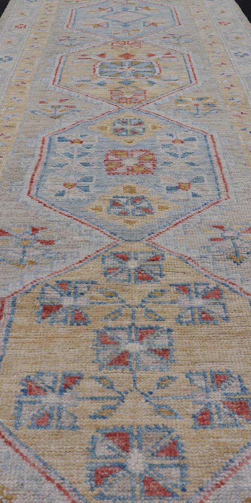 Hand-Knotted Medallion Oushak Design Runner featuring Faded Yellow and Blue's In New Condition For Sale In Atlanta, GA