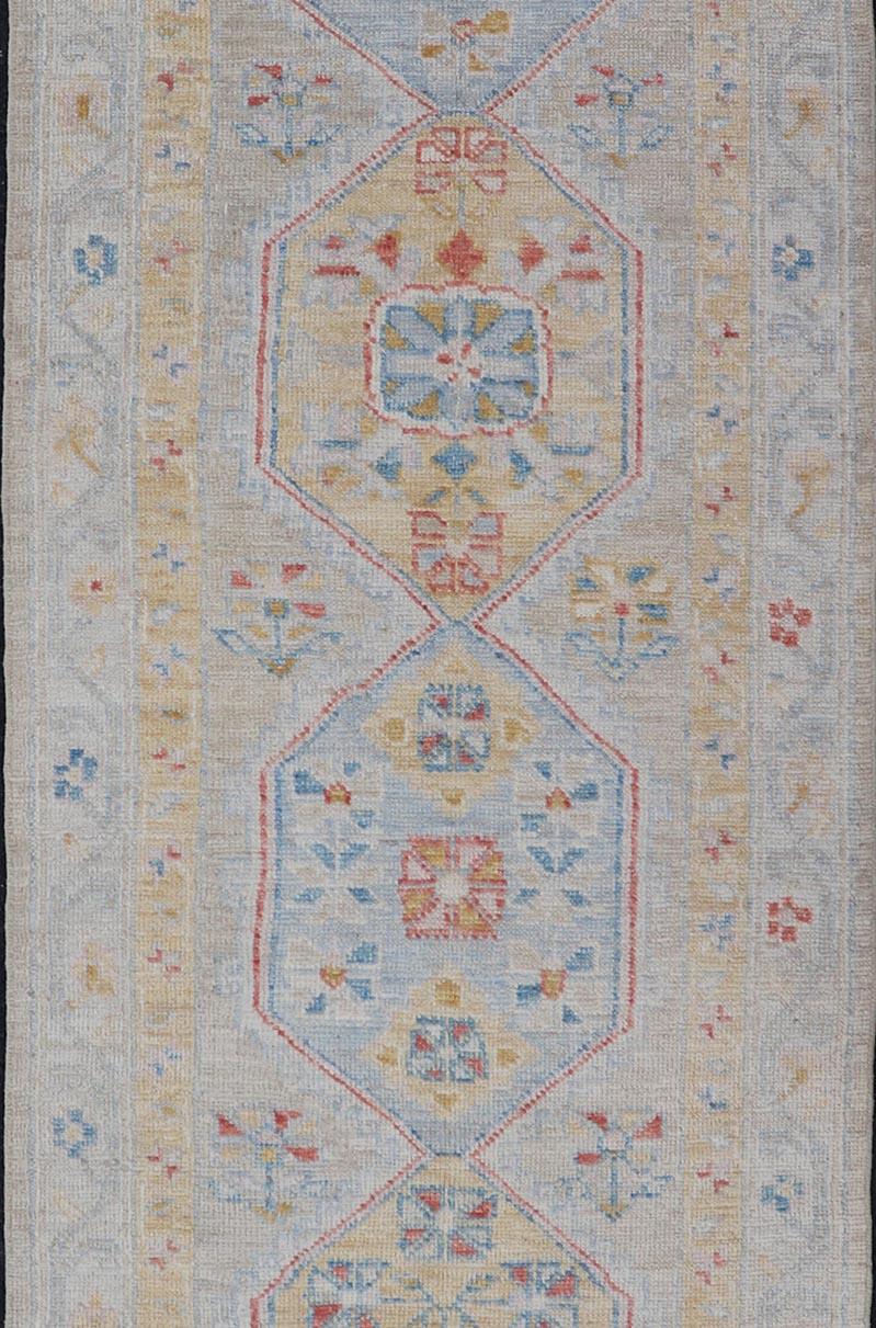 Contemporary Hand-Knotted Medallion Oushak Design Runner featuring Faded Yellow and Blue's For Sale