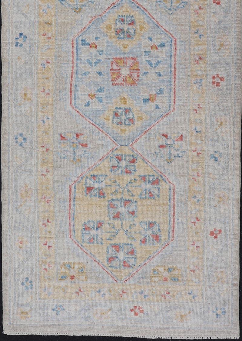 Wool Hand-Knotted Medallion Oushak Design Runner featuring Faded Yellow and Blue's For Sale
