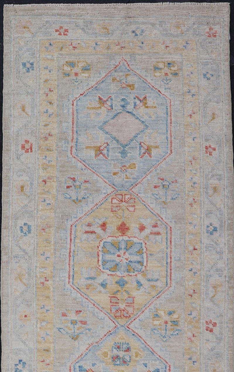 Hand-Knotted Medallion Oushak Design Runner featuring Faded Yellow and Blue's For Sale 1