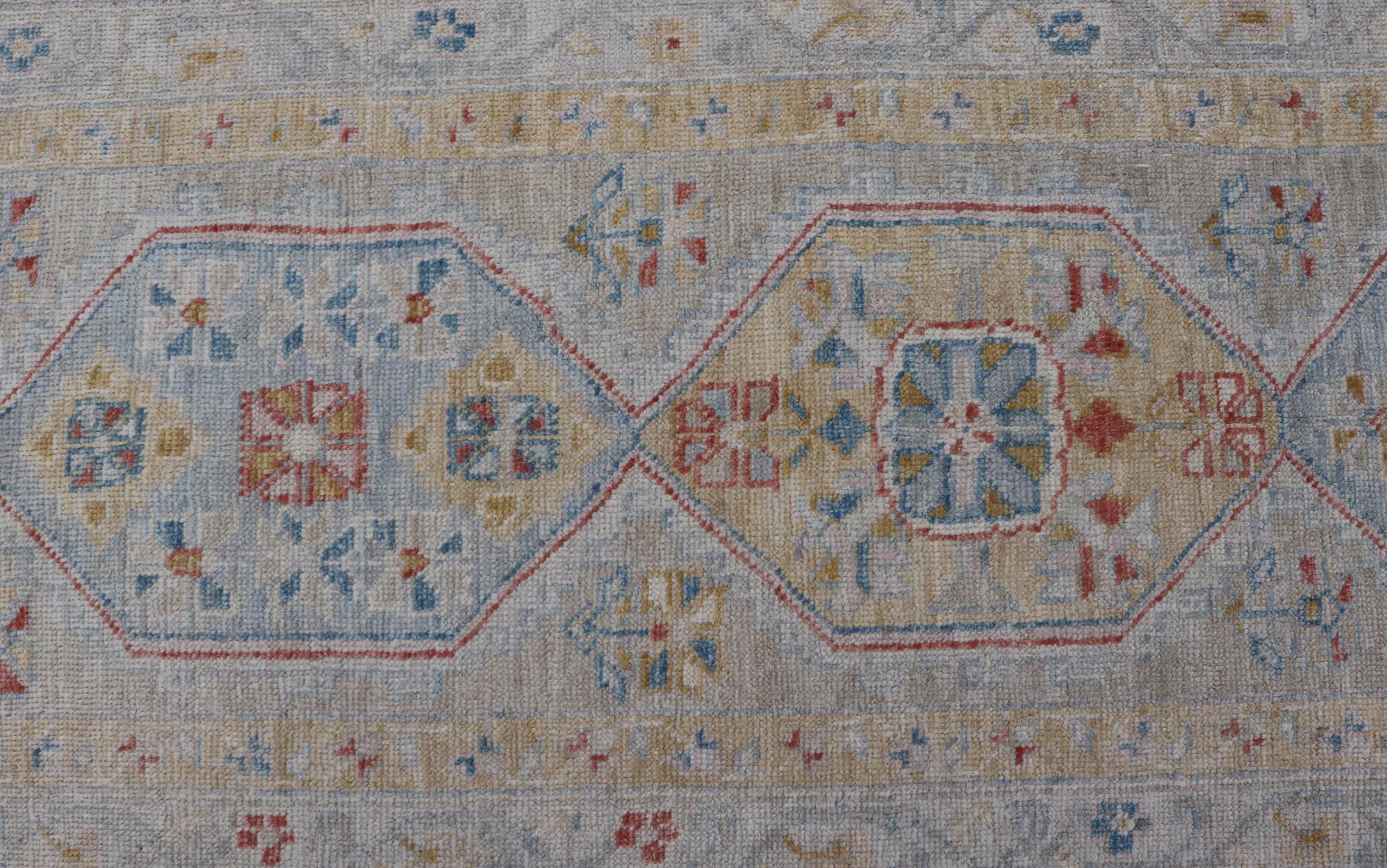 Hand-Knotted Medallion Oushak Design Runner featuring Faded Yellow and Blue's For Sale 2