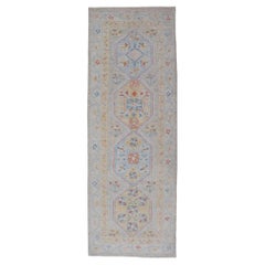 Hand-Knotted Medallion Oushak Design Runner featuring Faded Yellow and Blue's