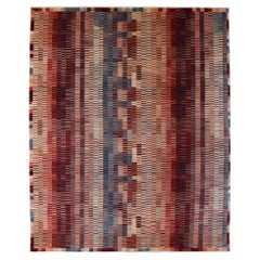 Hand-Knotted Mid-Century Modern 8'x10' Carpet in Red, Cream, Blue, and Pink Wool