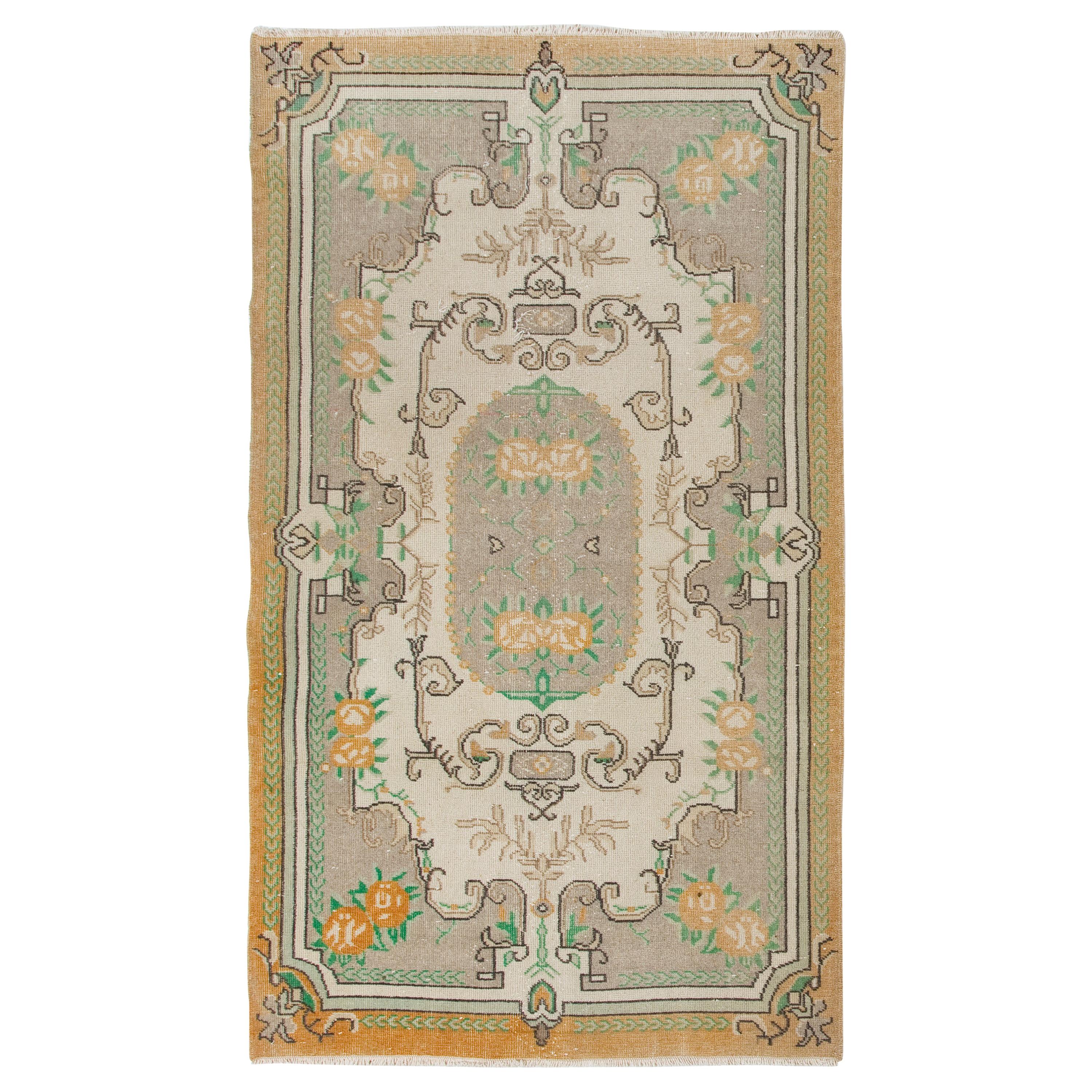 4x6.8 Ft Hand-Knotted Mid-Century Turkish Deco Accent Rug in Soft Colors