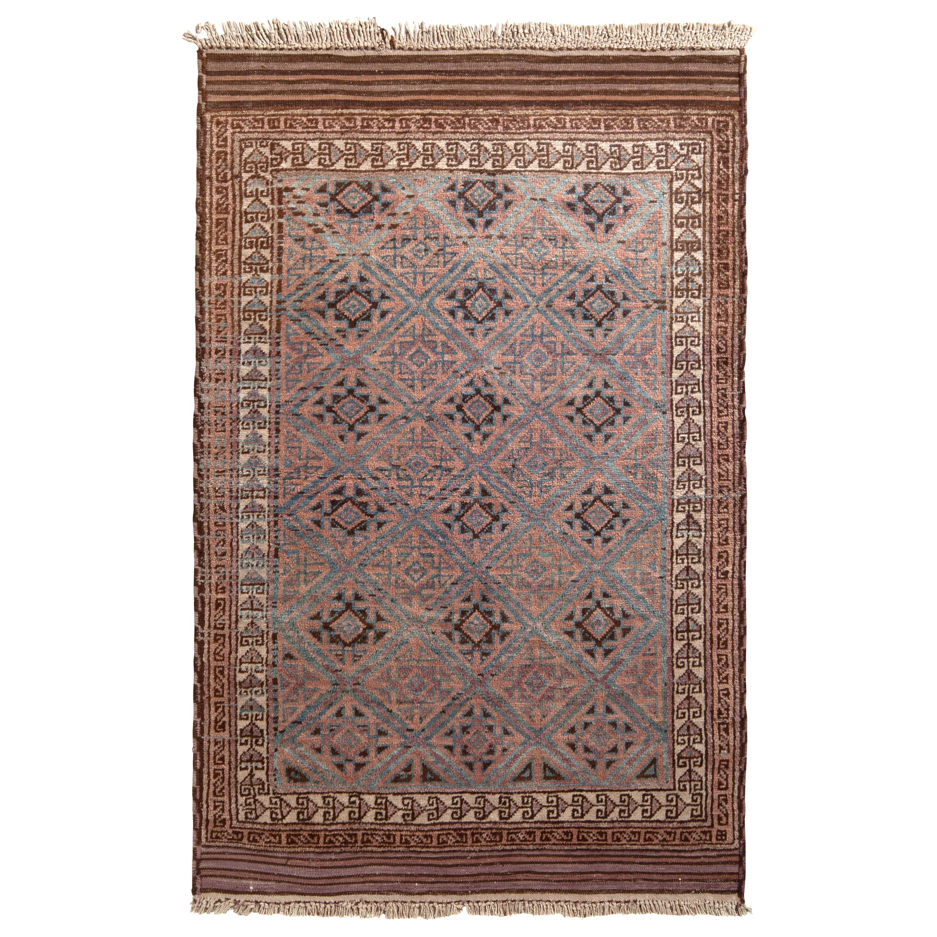 HandKnotted Antique Baluch Rug in Beige Geometric Tribal Pattern by