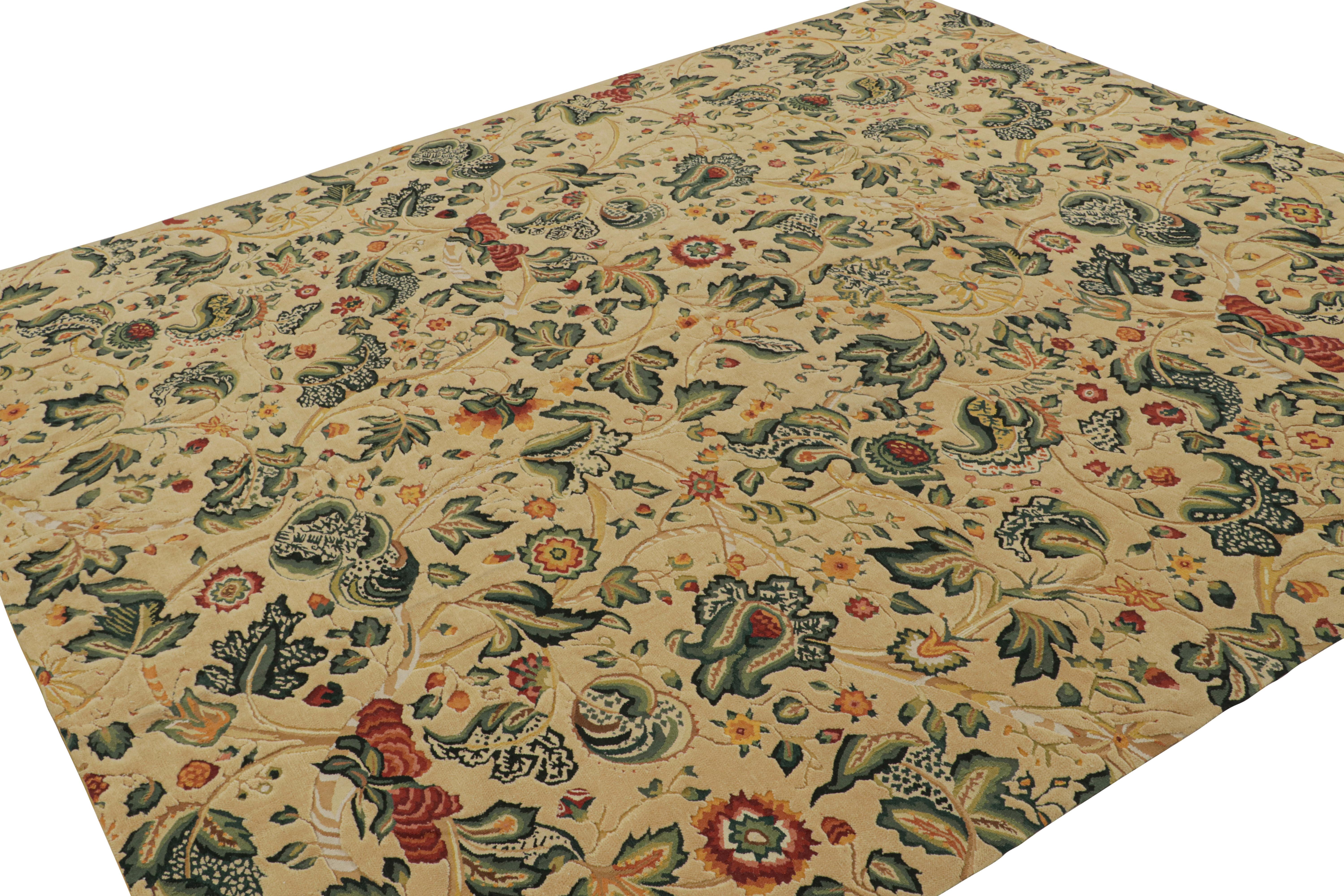 Handwoven in wool, this 9x10 European flatweave rug has been inspired by 18th century English Tudor rugs and tapestries. The design features floral patterns in green, red, gold and teal accents across the field. 

On the design: 

Keen eyes will