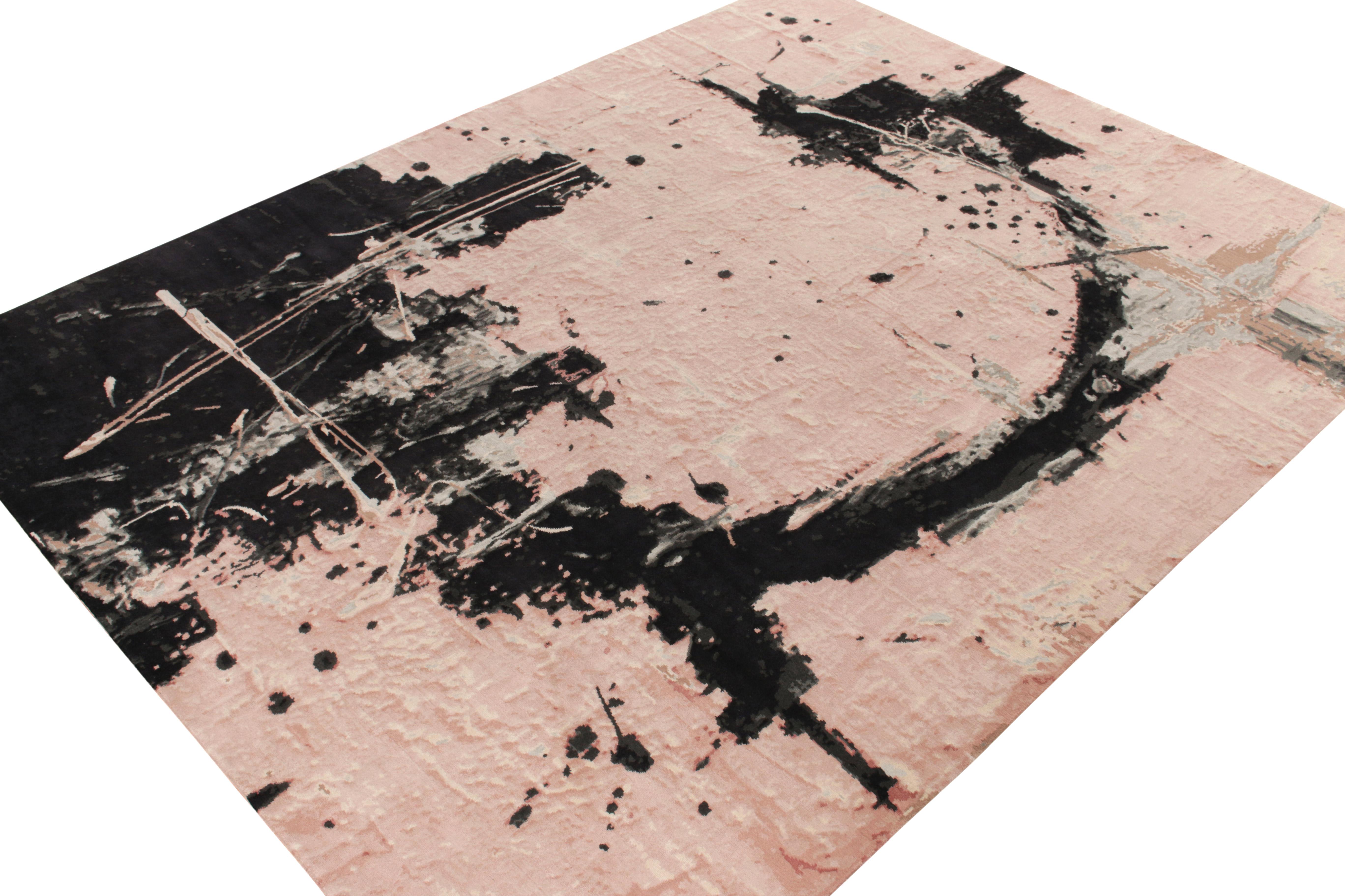 Nepalese Rug & Kilim's Hand-Knotted Modern Abstract Rug in Pink and Black Pattern For Sale