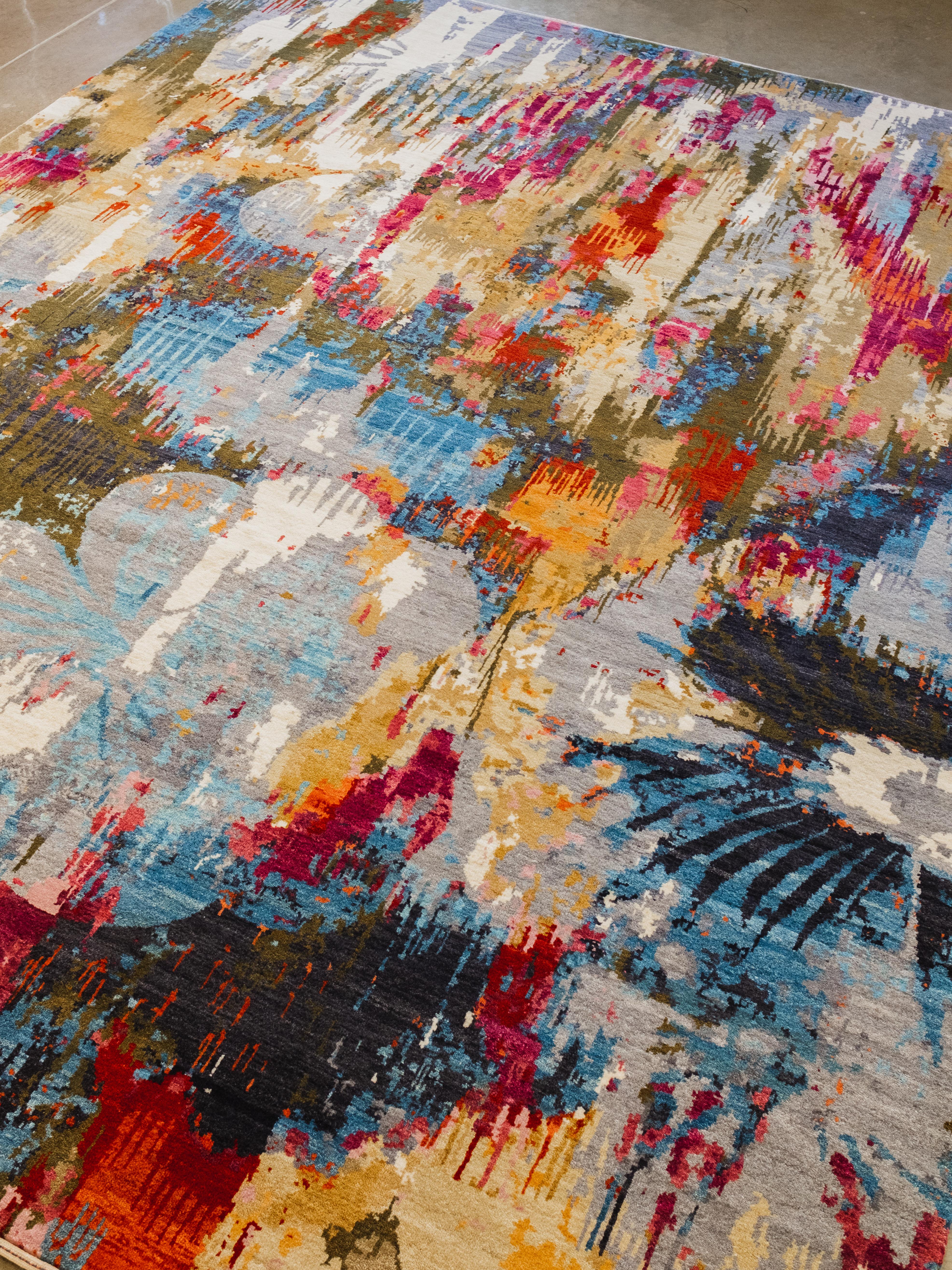 Handgeknüpfter moderner abstrakter Wollteppich, Blau, Rosa, Gelb, Grau, 8x10 (Moderne) im Angebot