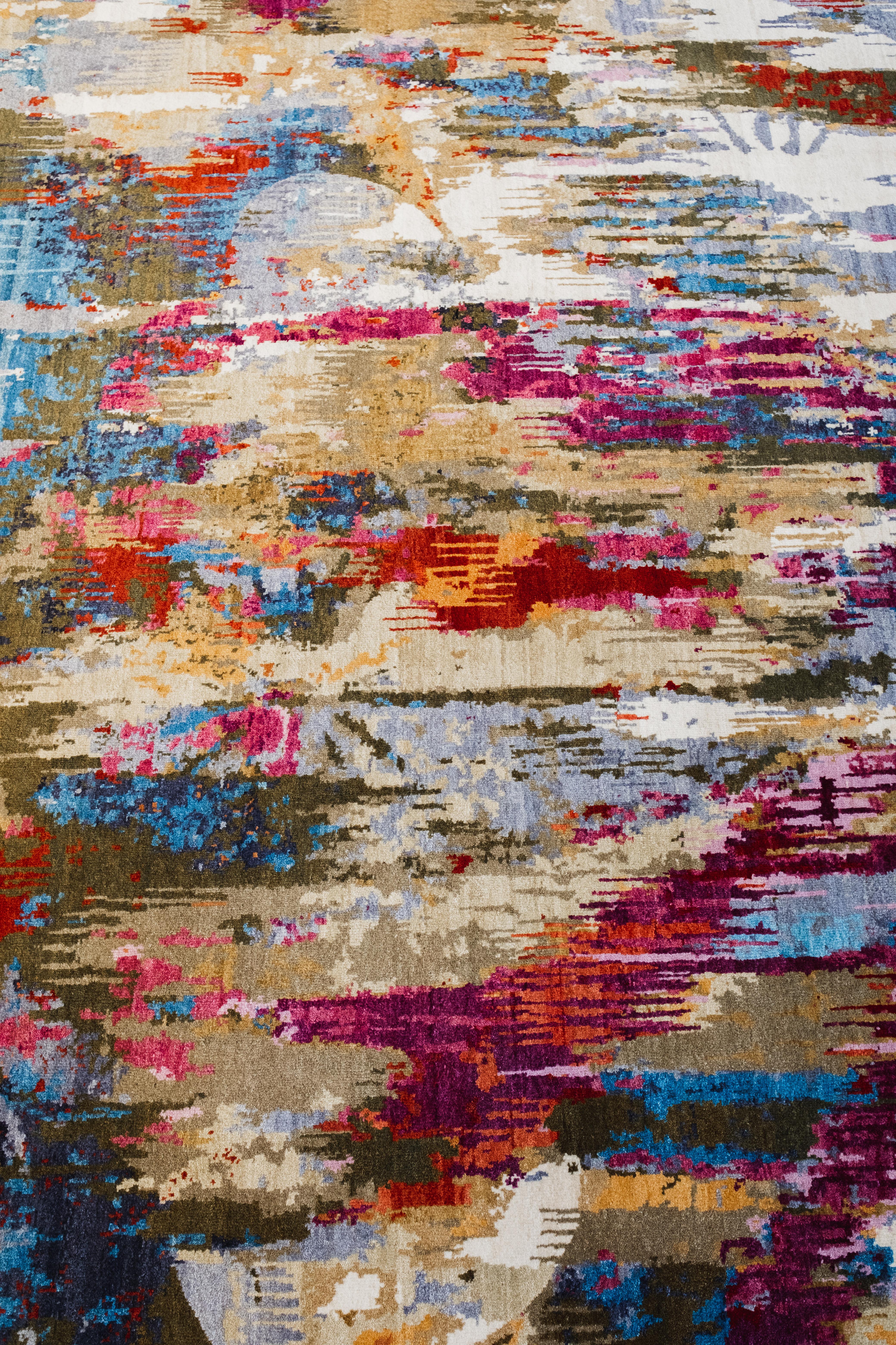 Handgeknüpfter moderner abstrakter Wollteppich, Blau, Rosa, Gelb, Grau, 8x10 (Indisch) im Angebot