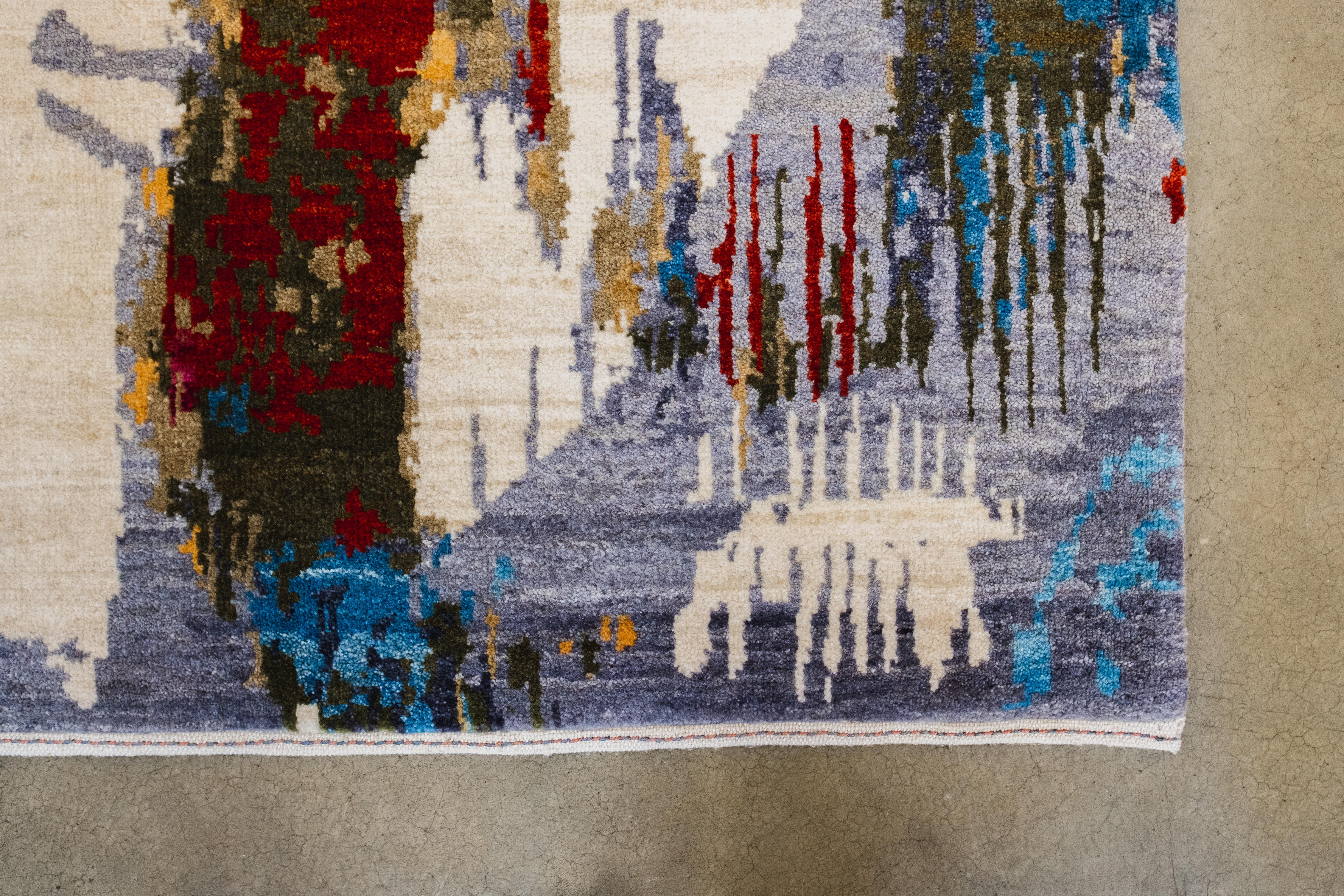 Handgeknüpfter moderner abstrakter Wollteppich, Blau, Rosa, Gelb, Grau, 8x10 (Pflanzlich gefärbt) im Angebot