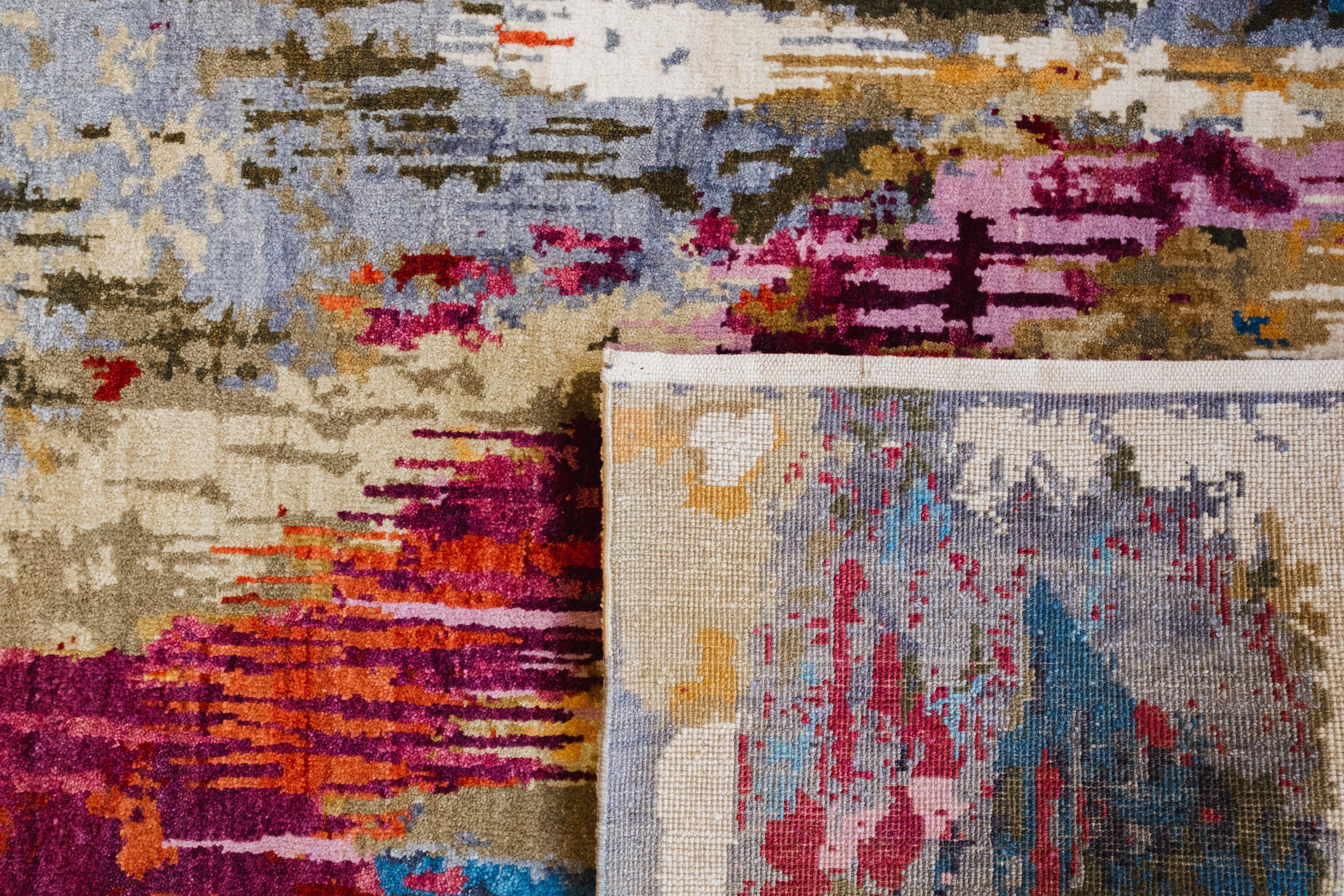 Handgeknüpfter moderner abstrakter Wollteppich, Blau, Rosa, Gelb, Grau, 8x10 im Zustand „Neu“ im Angebot in New York, NY