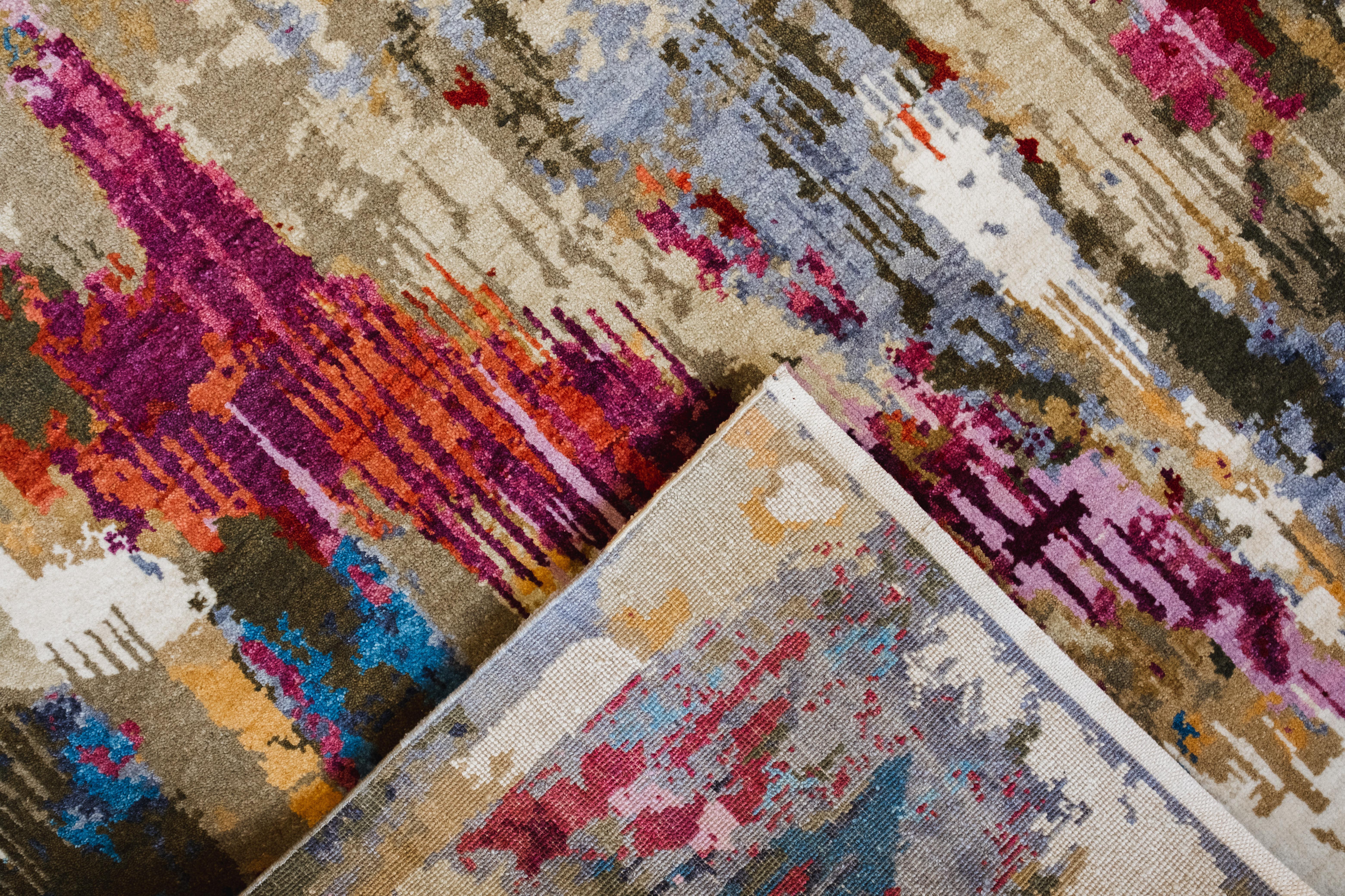 Handgeknüpfter moderner abstrakter Wollteppich, Blau, Rosa, Gelb, Grau, 8x10 (21. Jahrhundert und zeitgenössisch) im Angebot