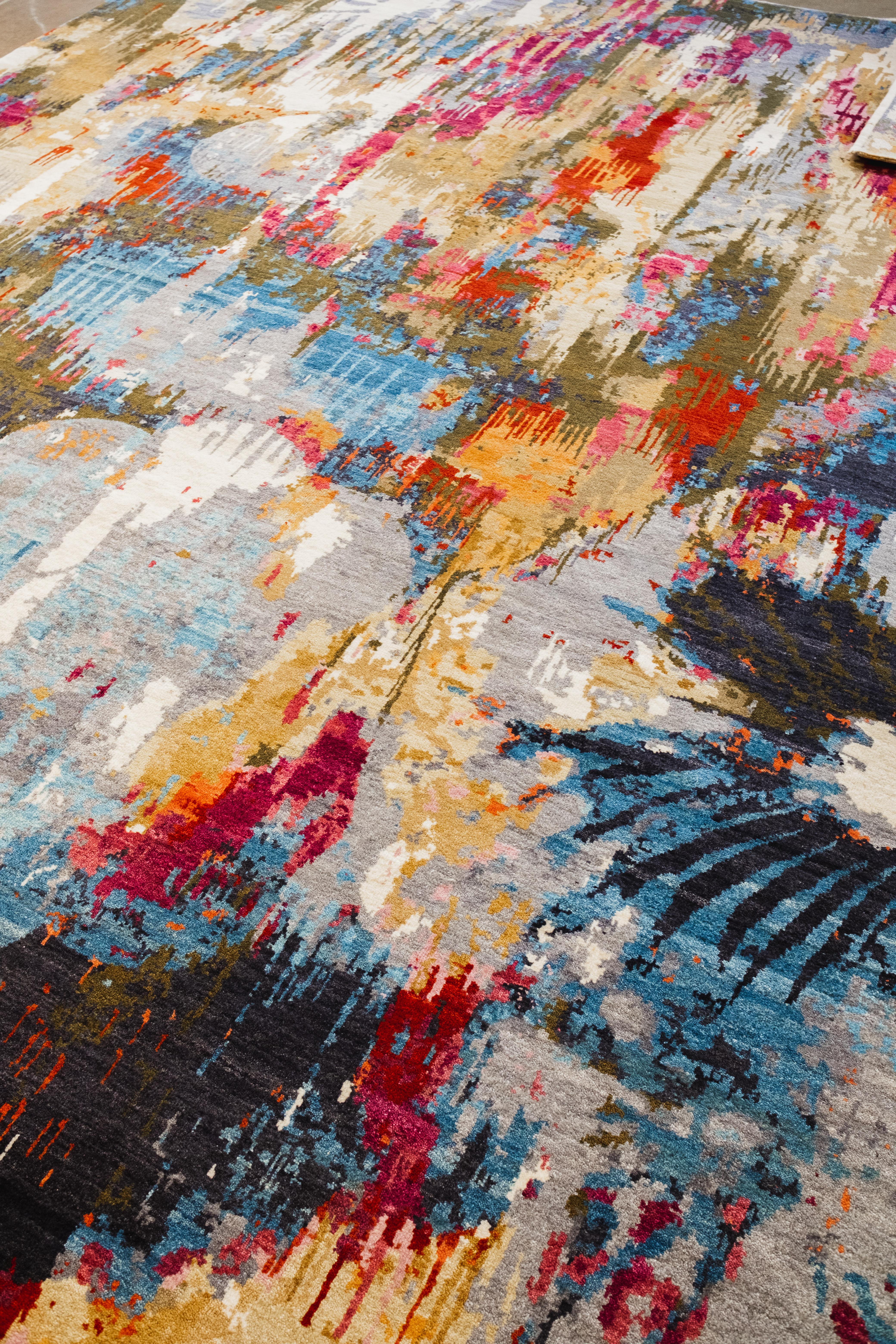 Handgeknüpfter moderner abstrakter Wollteppich, Blau, Rosa, Gelb, Grau, 8x10 (Wolle) im Angebot