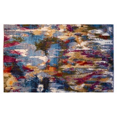 Tapis moderne abstrait en laine, noué à la main, bleu, rose, jaune, gris, 8x10
