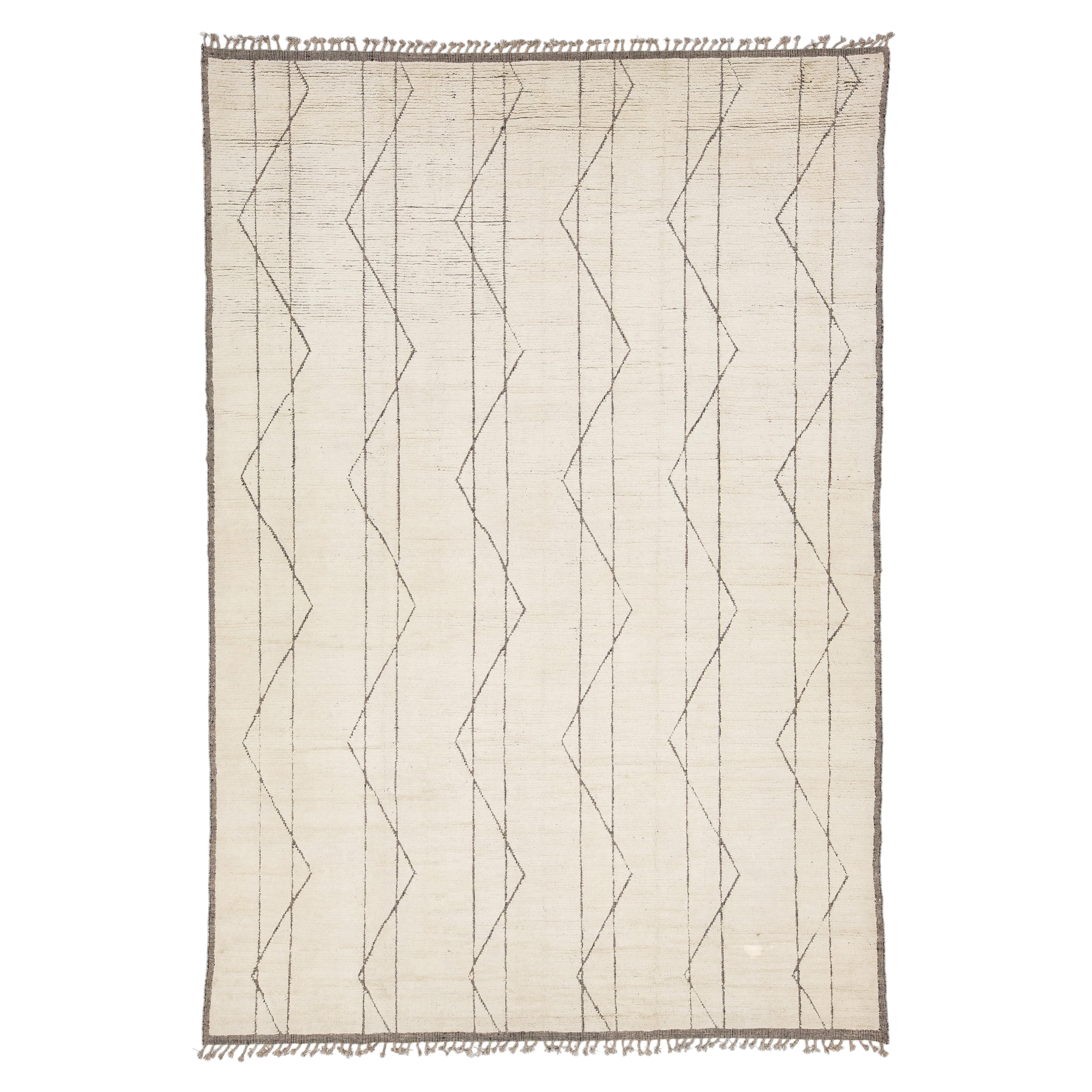 Tapis moderne noué à la main Beni Ourain Style Geometric Wool Area Rug In Ivory 10x14