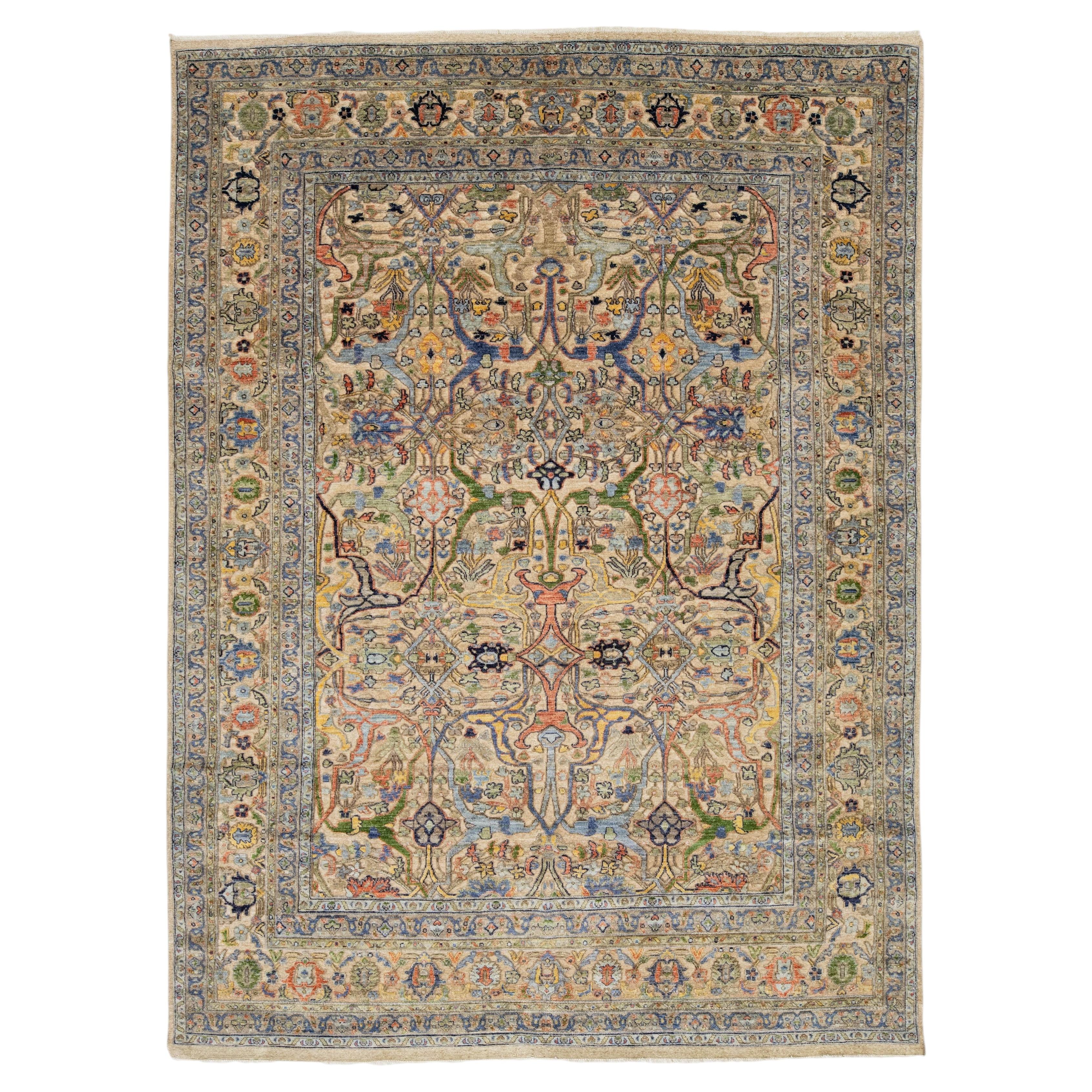 Hand-Knotted Modern Bidjar Hi-Lo Textured Rug Beige Wool Rug Floral & Vine Motif