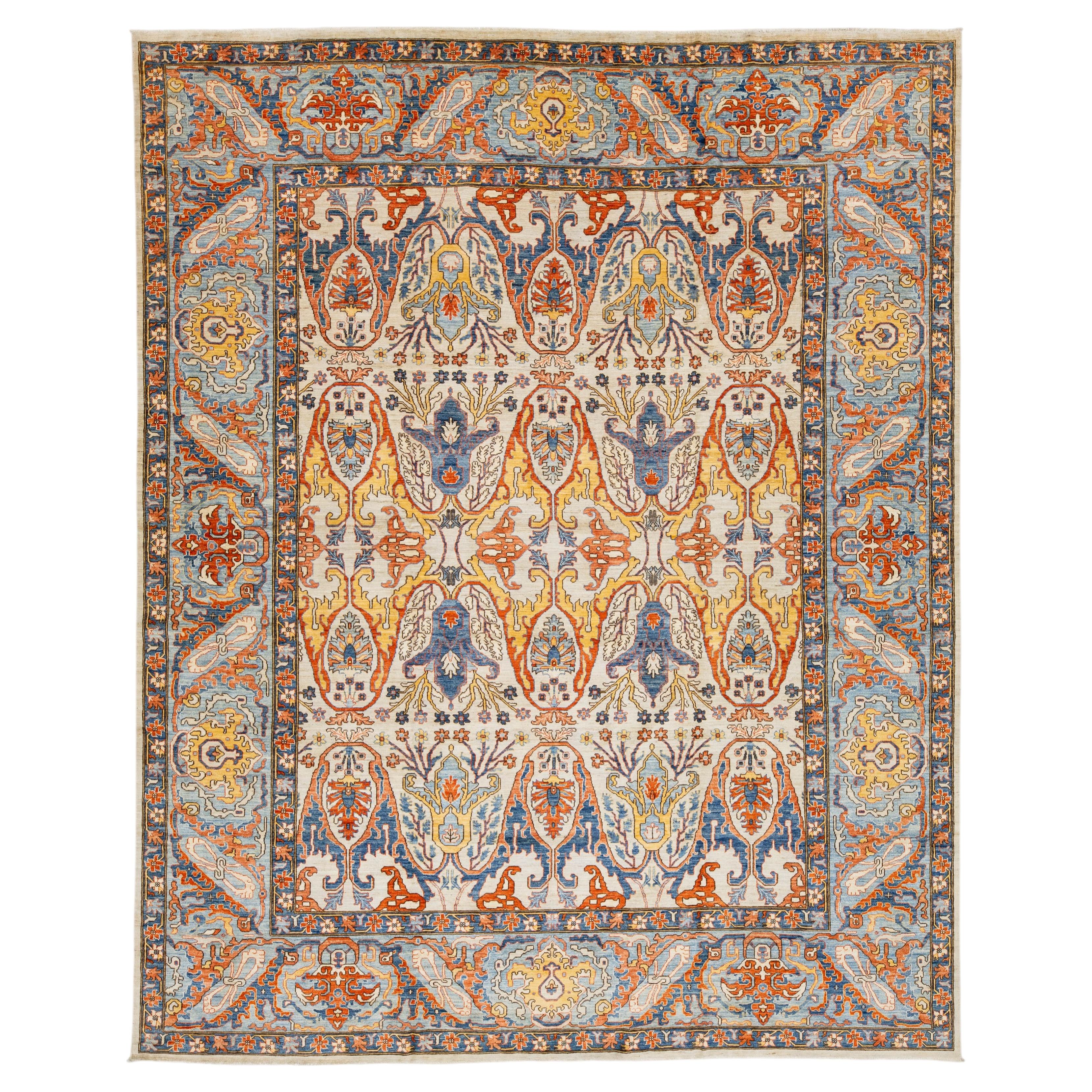 Hand-Knotted Modern Bidjar Style Area Rug – Ivory & Slate Blue Wool Transitional