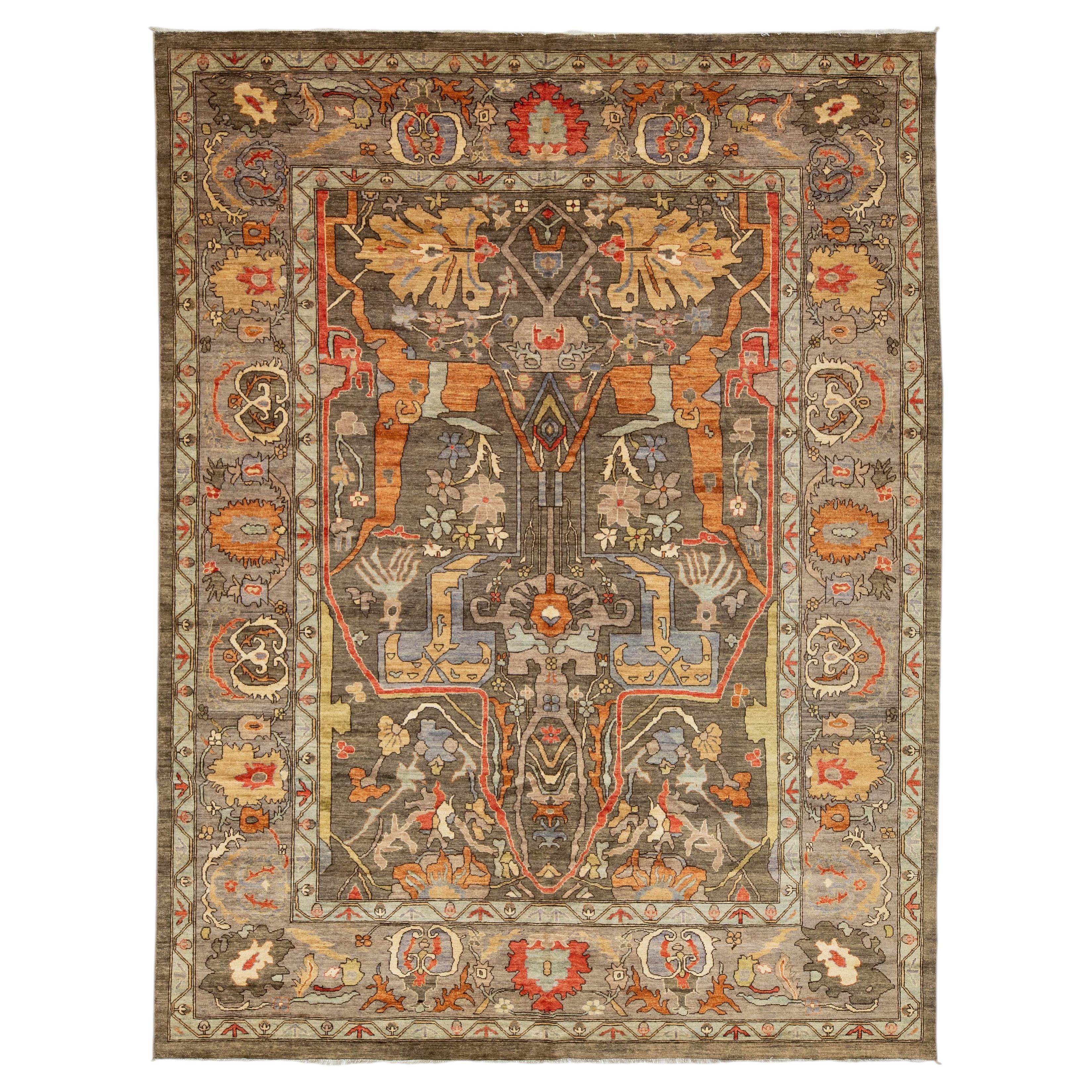 Hand-Knotted Modern Bidjar Style Wool Area Rug – Earthy Charcoal & Terra Cotta