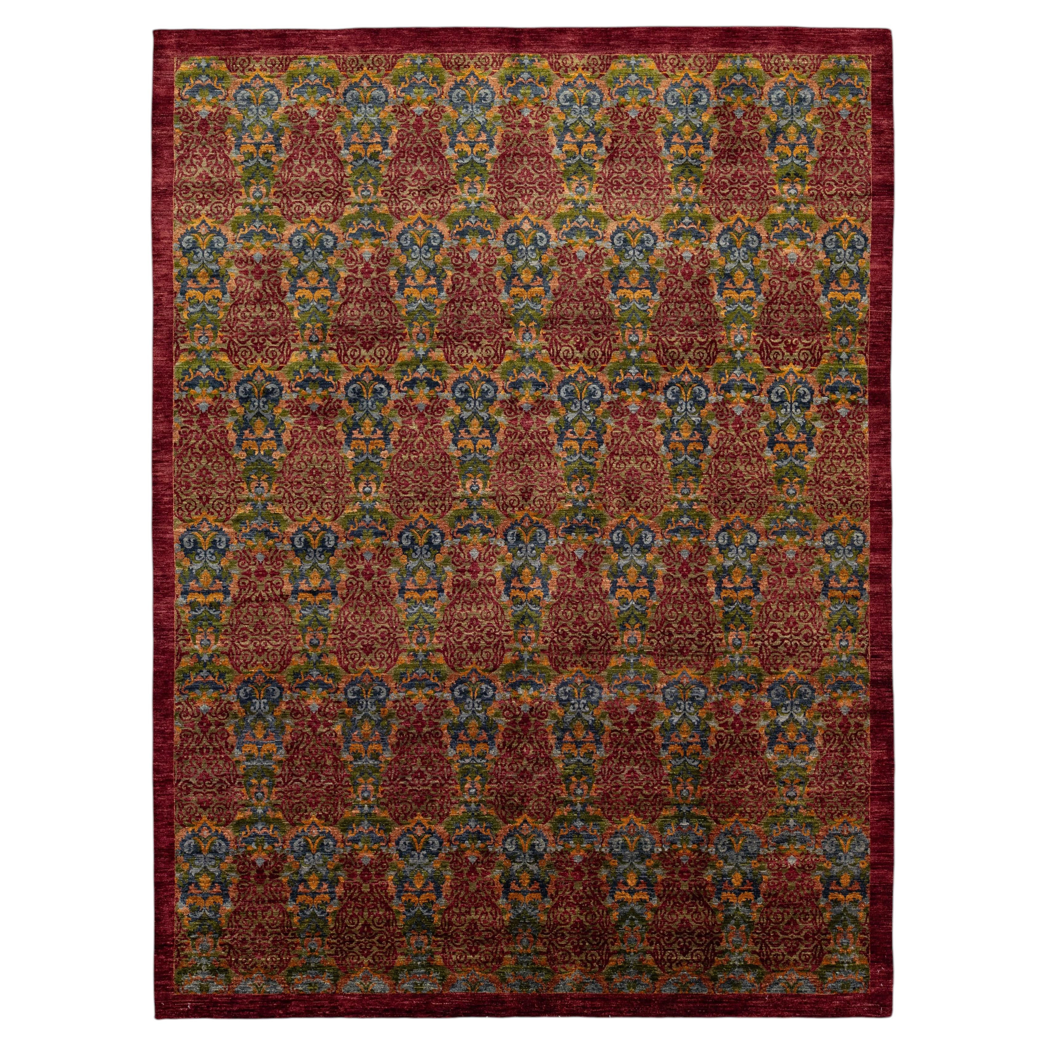 Hand-Knotted Modern Bidjar Style Wool Area Rug Intricate Crimson & Ochre Damask