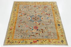 Hand-Knotted Modern Chinese Botanical Wool Area Rug - Slate Grey & Marigold