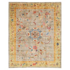 Hand-Knotted Modern Chinese Botanical Wool Area Rug - Slate Grey & Marigold