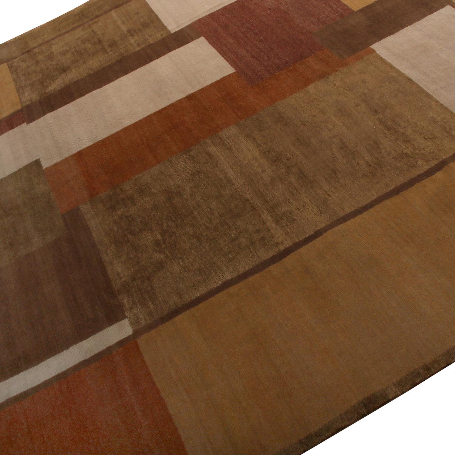 Art Deco Rug & Kilim's Hand-Knotted Modern Cubist Rug in Beige-Brown, Gold Deco Pattern For Sale