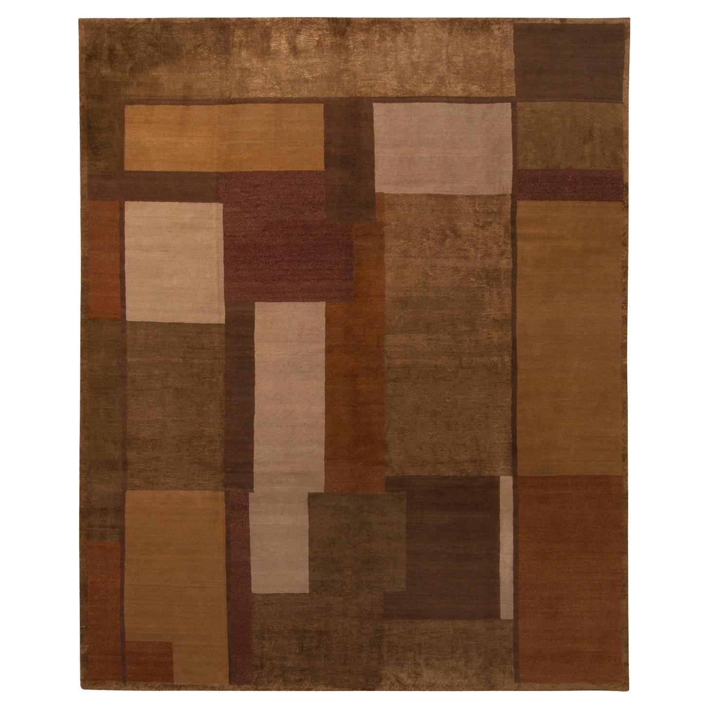 Rug & Kilim's Hand-Knotted Modern Cubist Rug in Beige-Brown, Gold Deco Pattern For Sale