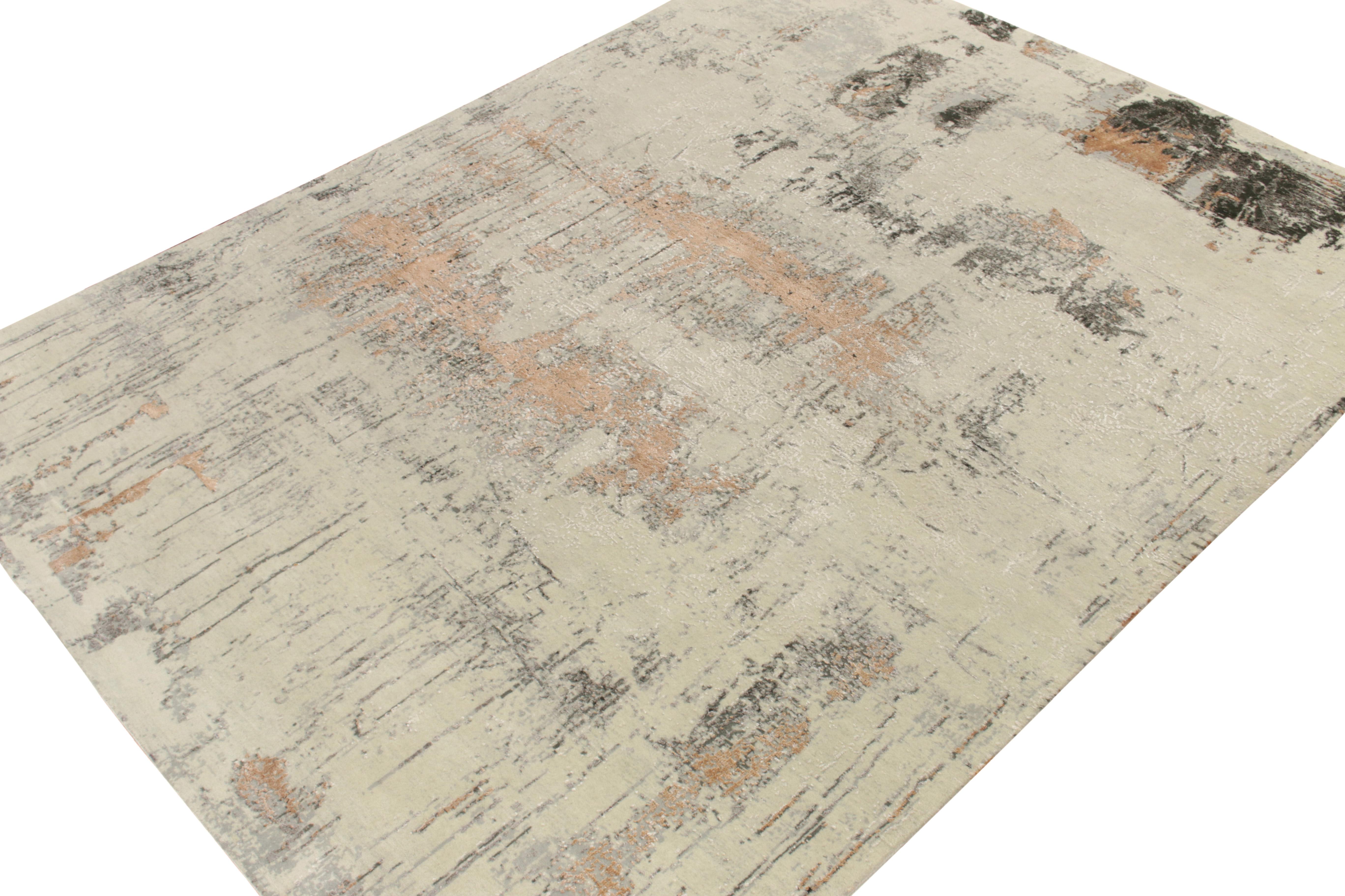 Indian Rug & Kilim's Hand-Knotted Modern Custom Rug in Gray, Orange Abstract Pattern For Sale
