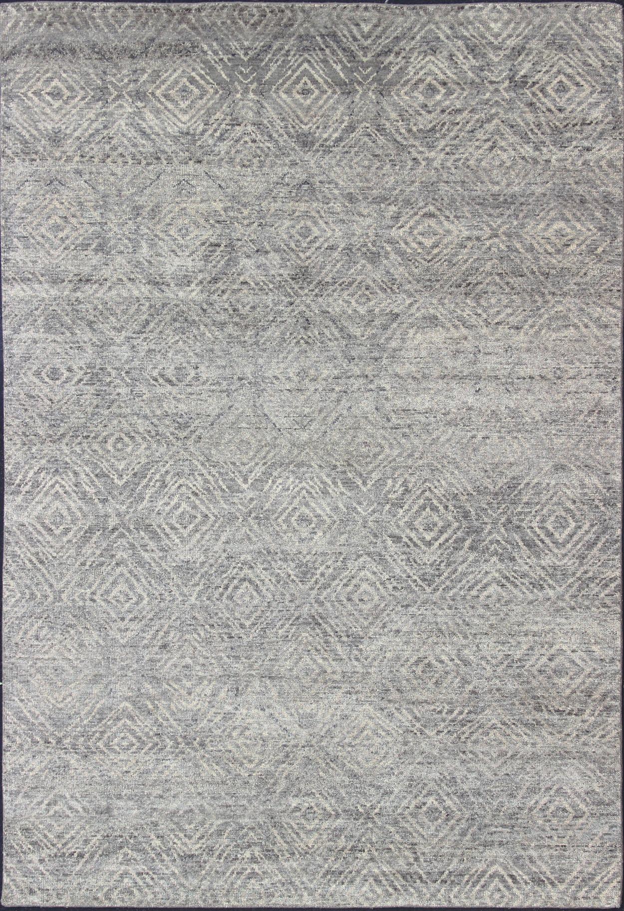 Hand-Knotted Modern Diamond Design Area Rug in Gray-Green by Keivan Woven Arts For Sale