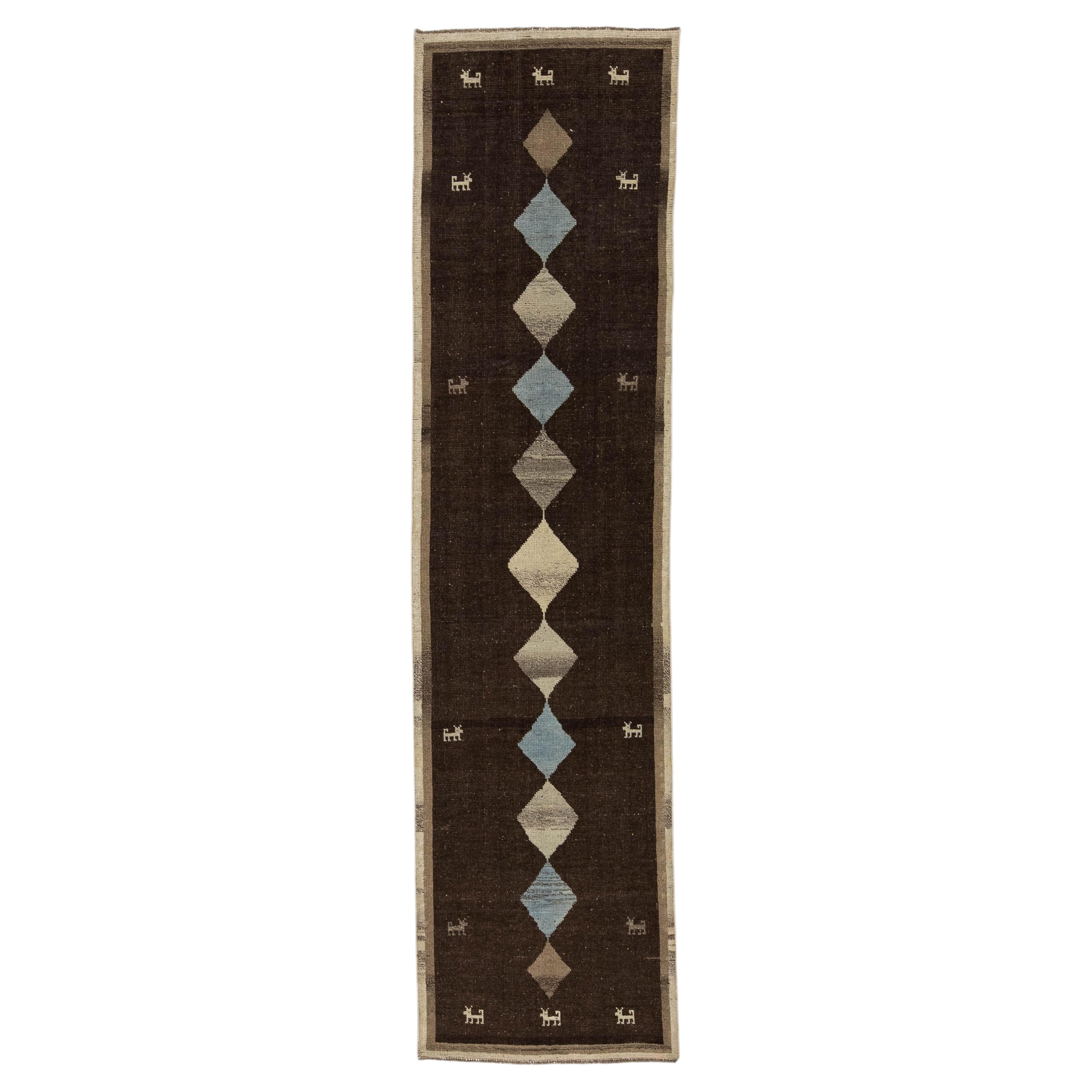 Gabbeh Diamond Pattern Modern Hand-Knotted Gabbeh Wool Runner – Tribal Geometric Design ...