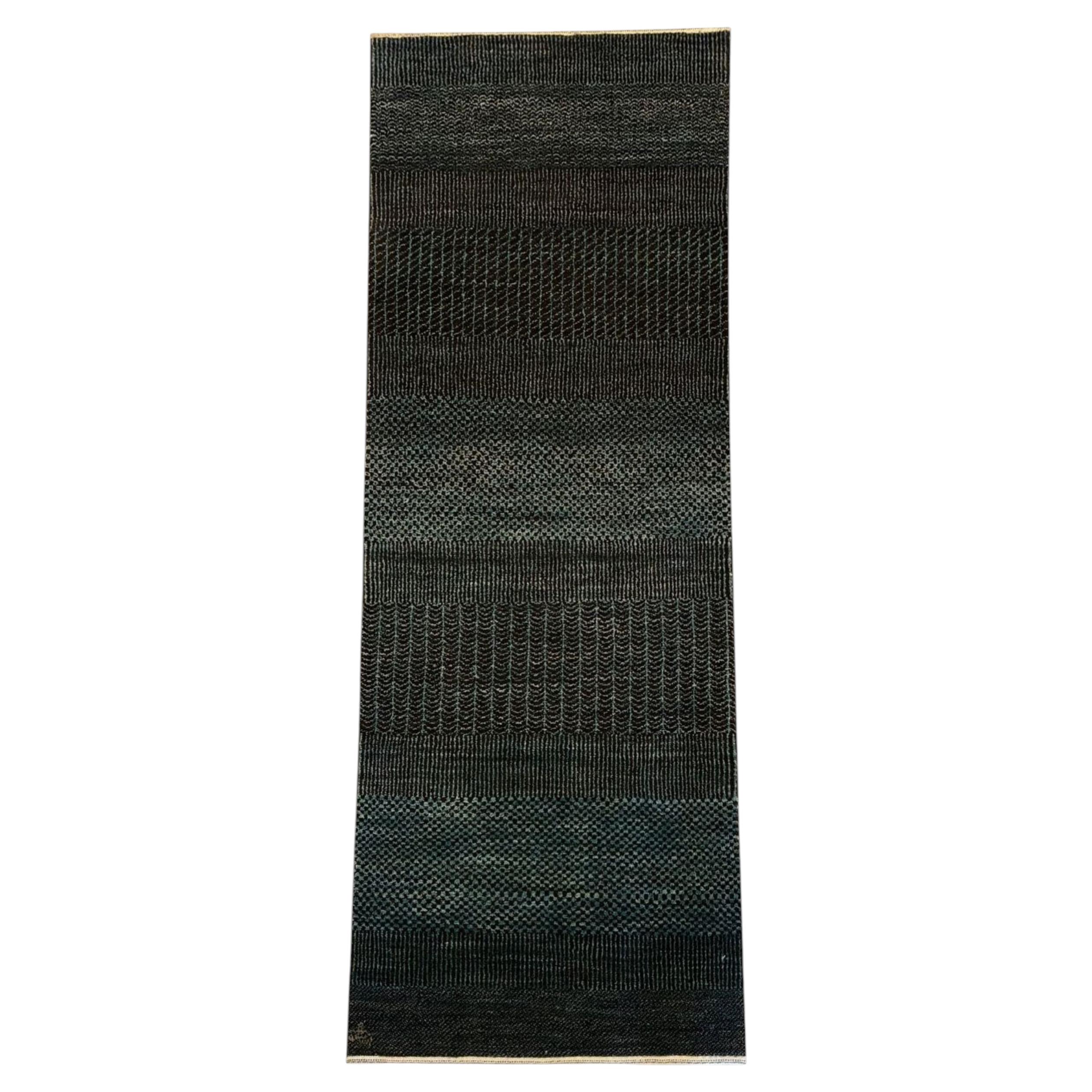Hand-Knotted Modern Geometric Wool Runner Rug, Blue & Brown, 2'4 x 6'10