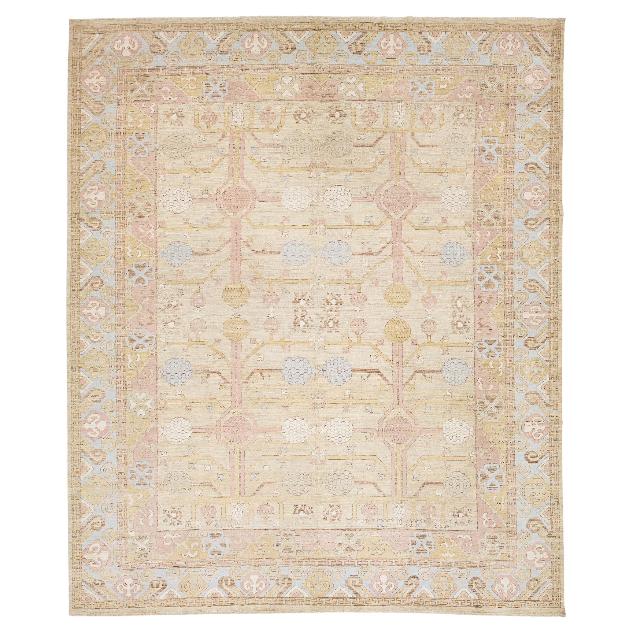 Hand-Knotted Modern Khotan Style Wool Area Rug Pastel Geometric Samarkand Design