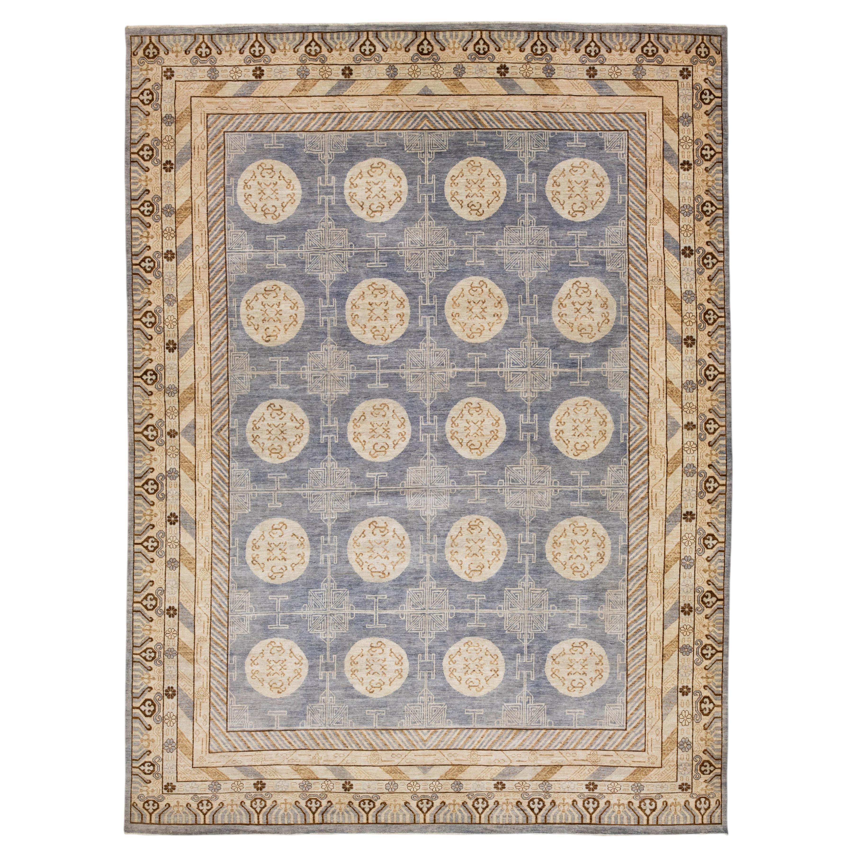 Hand-Knotted Modern Khotan Wool Rug  Muted Blue and Sand  Medallion Pattern