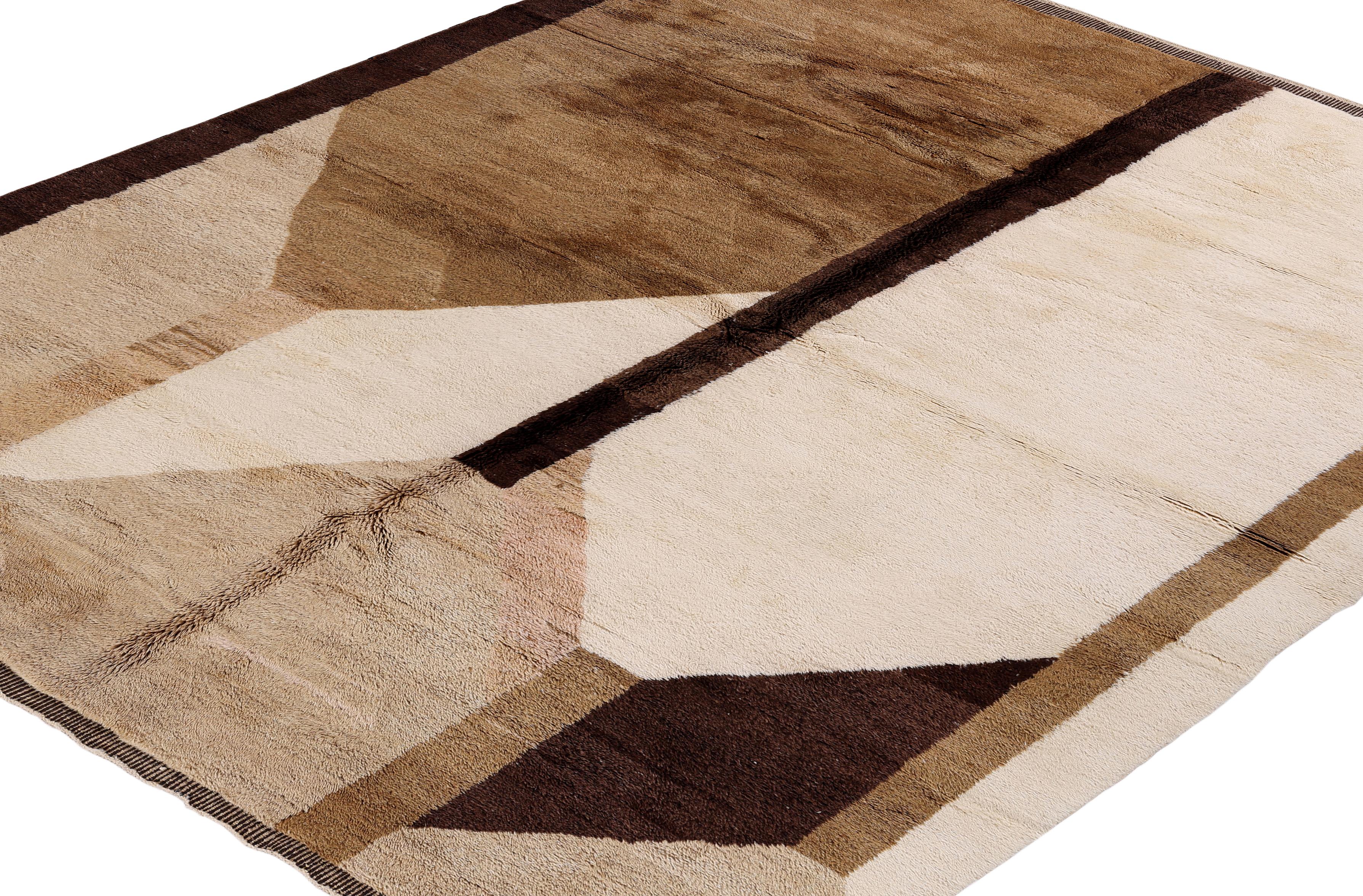 Alfombra Marroquí Moderna Anudada a Mano en Lana Natural - Diseño Geométrico Abstracto Bohemio en venta