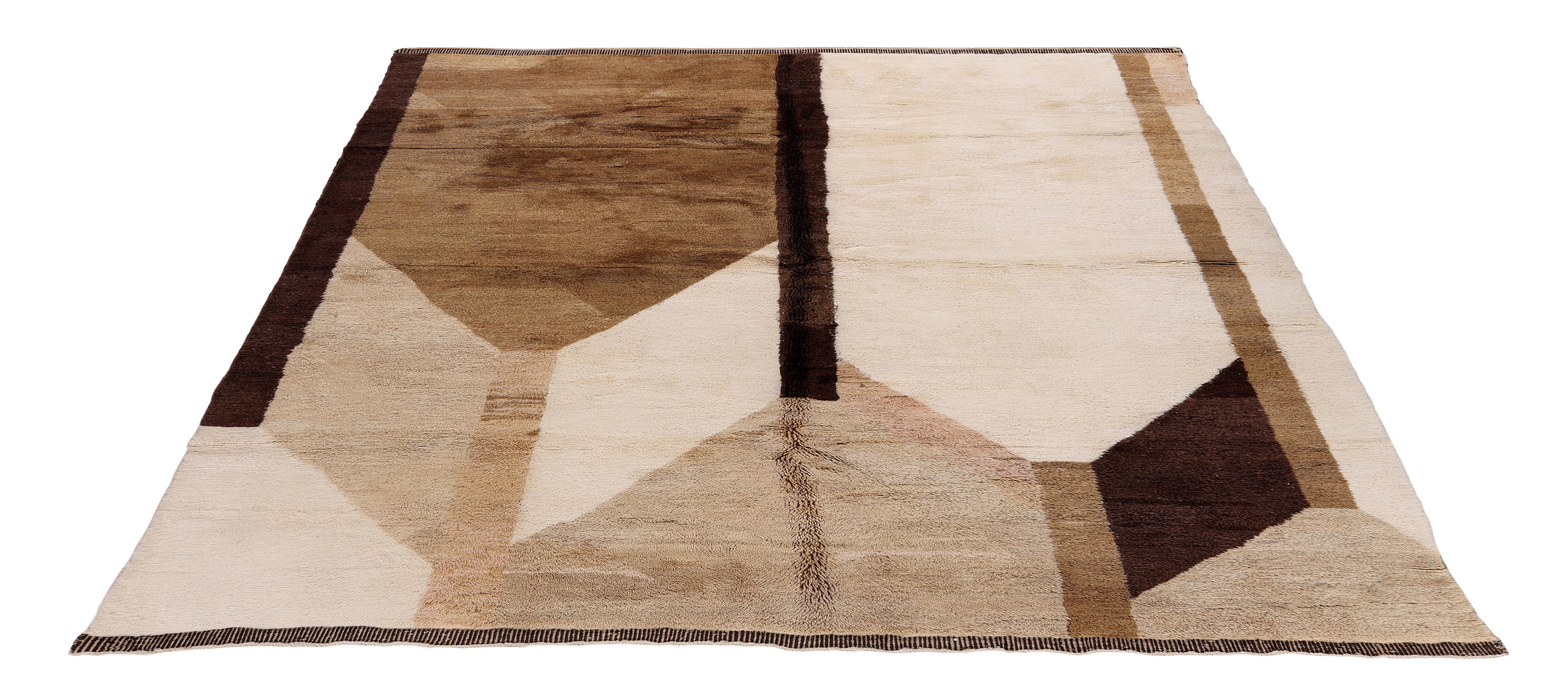 Alfombra Marroquí Moderna Anudada a Mano en Lana Natural - Diseño Geométrico Abstracto Siglo XXI y contemporáneo en venta