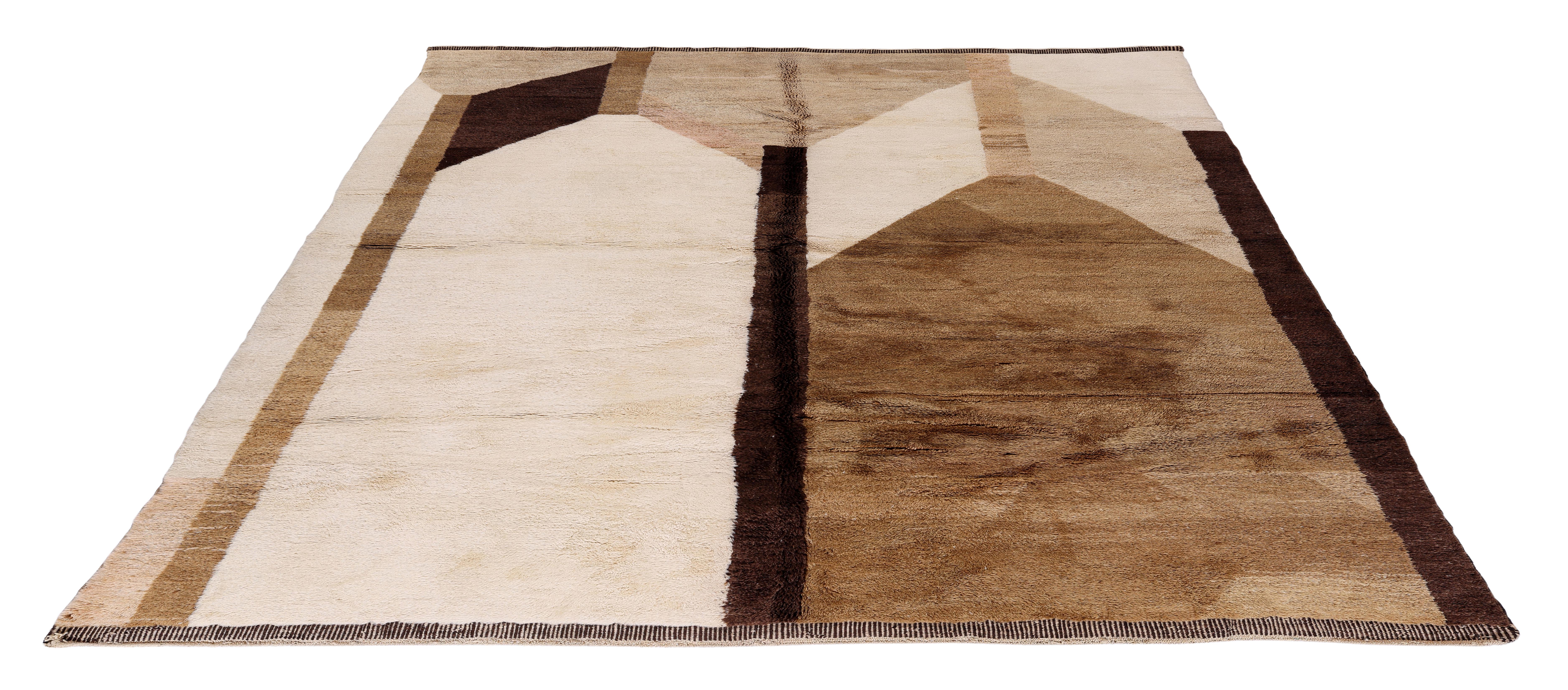 Alfombra Marroquí Moderna Anudada a Mano en Lana Natural - Diseño Geométrico Abstracto en venta 1