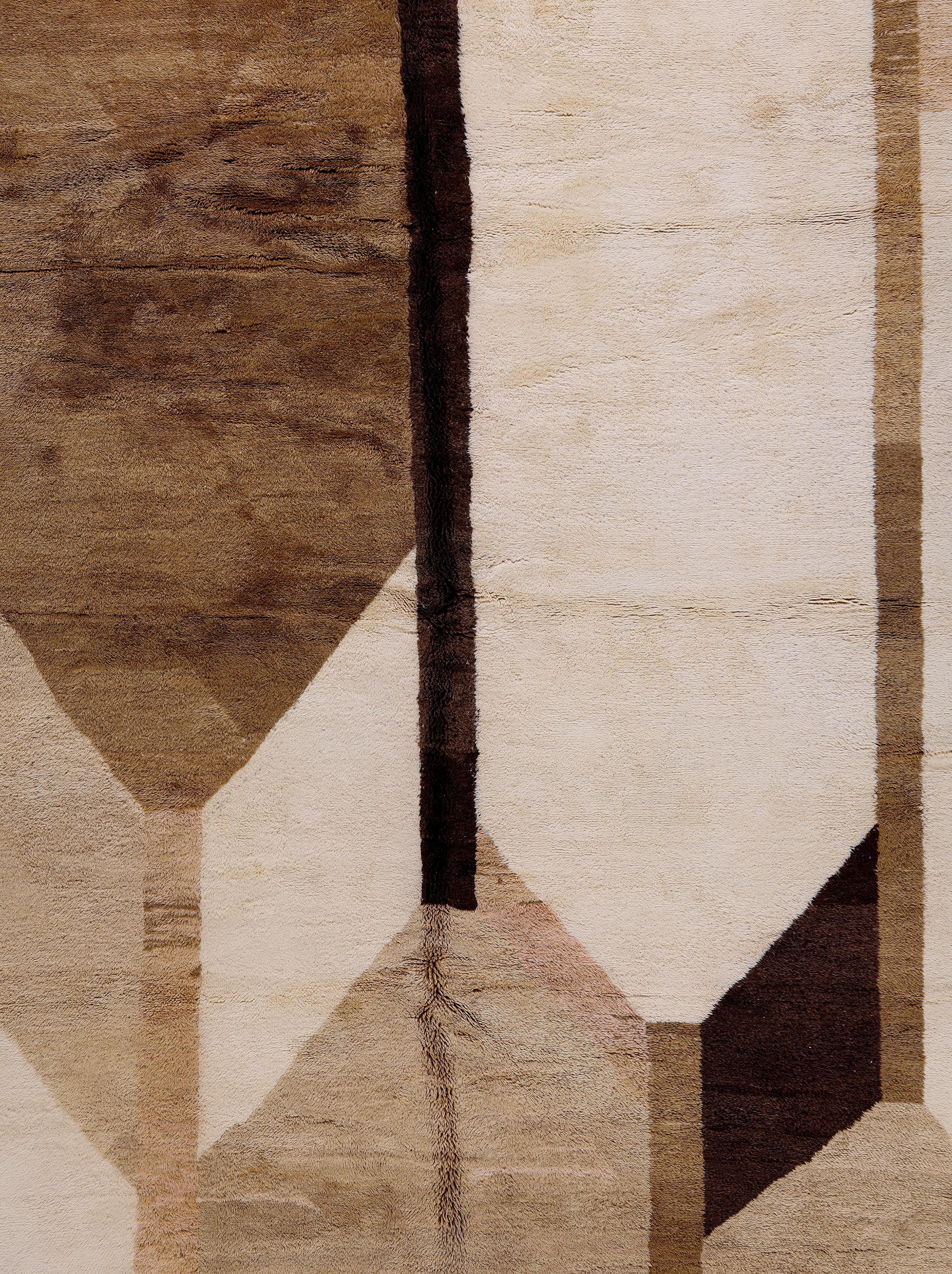 Alfombra Marroquí Moderna Anudada a Mano en Lana Natural - Diseño Geométrico Abstracto en venta 2