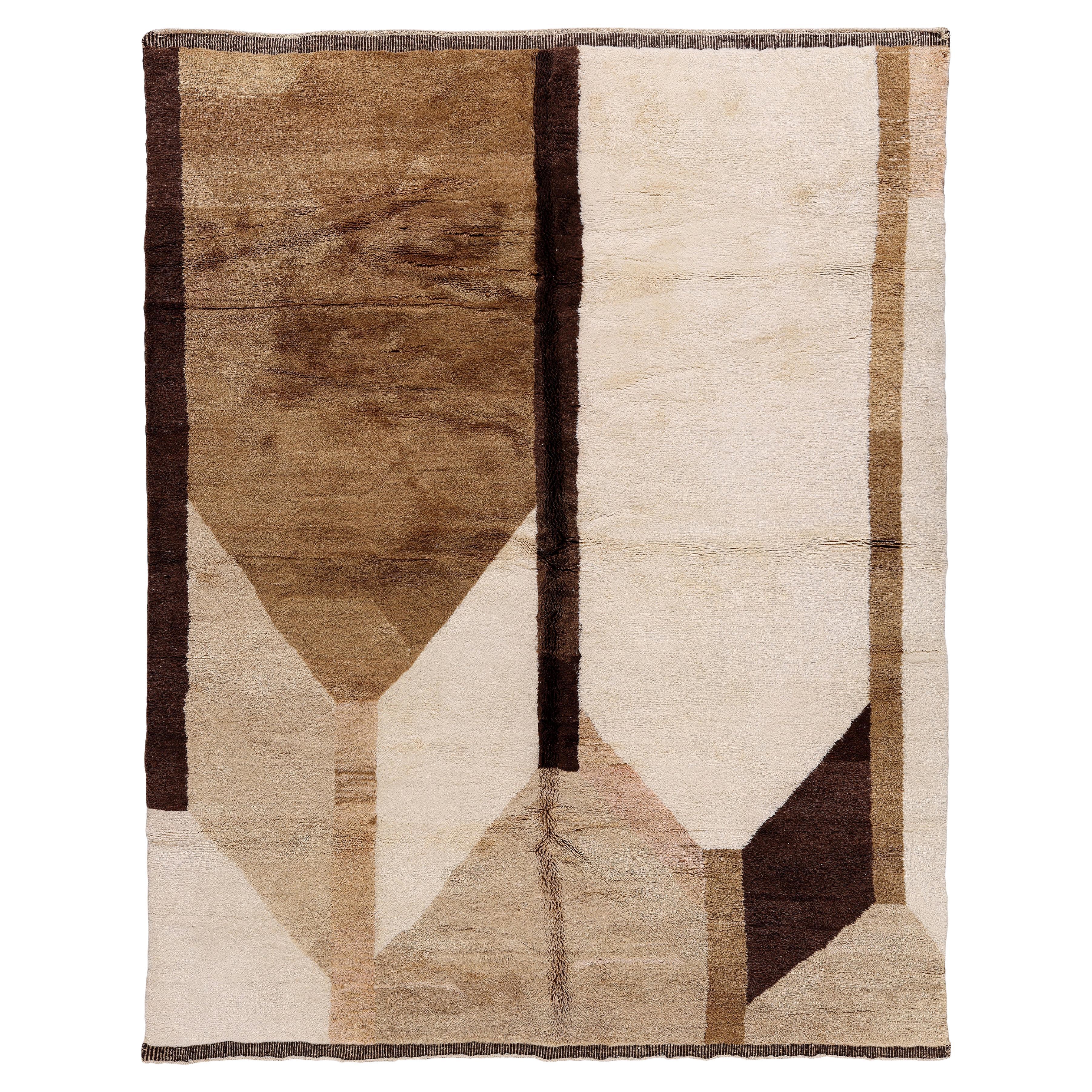 Alfombra Marroquí Moderna Anudada a Mano en Lana Natural - Diseño Geométrico Abstracto en venta
