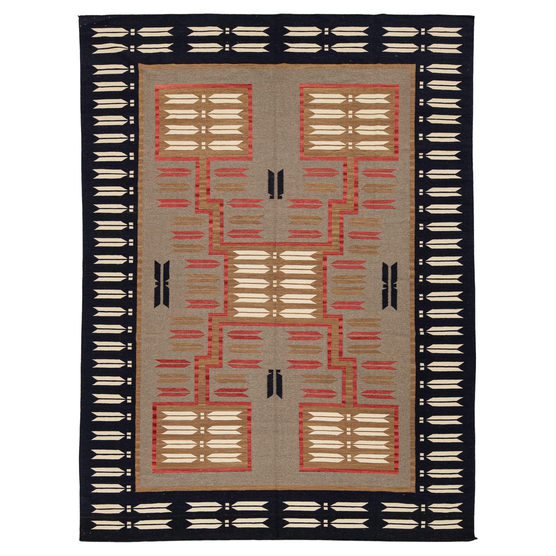 Hand-Knotted Modern Navajo Style Grey Wool Rug - Geometric Arrow Motif - 9x12