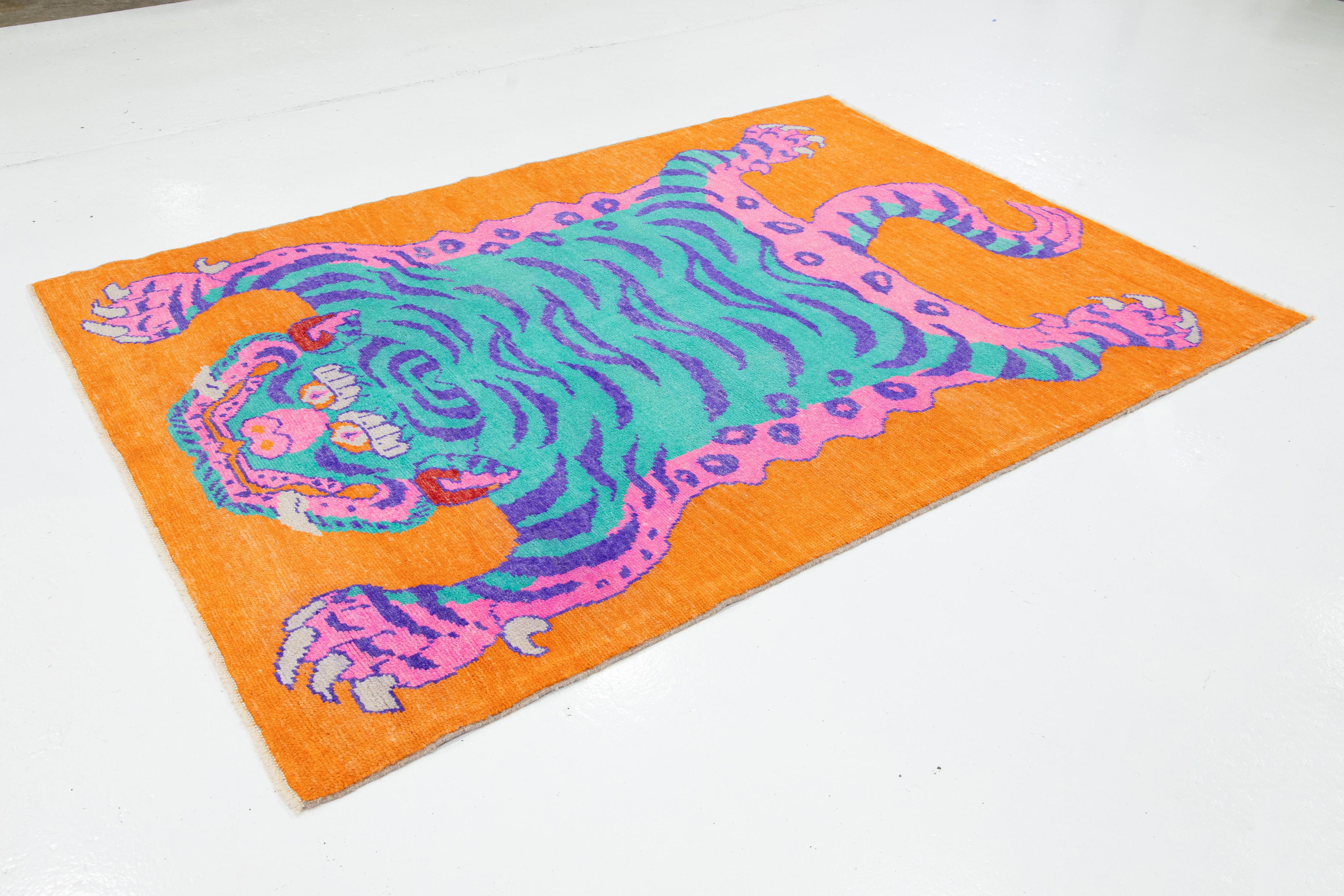 Hand-Knotted Hand Knotted Modern Orange Wool Rug with a Tiger Motif For Sale