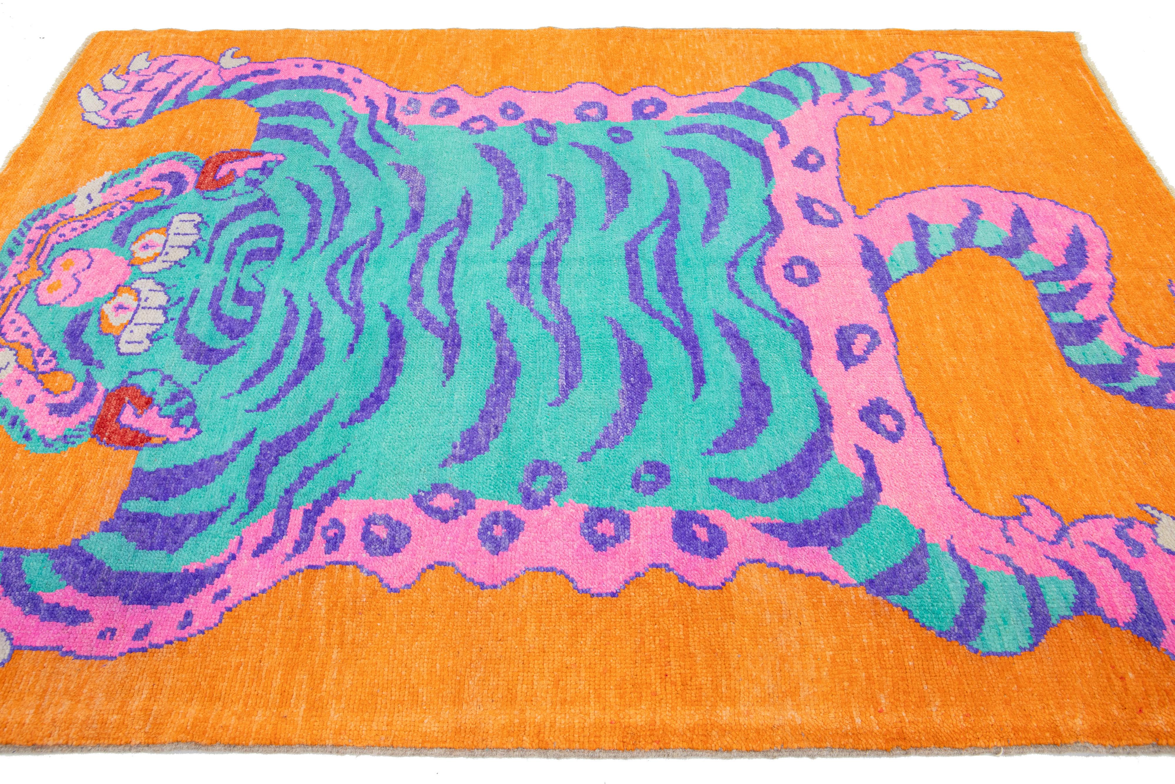 Hand Knotted Modern Orange Wool Rug with a Tiger Motif In New Condition For Sale In Norwalk, CT