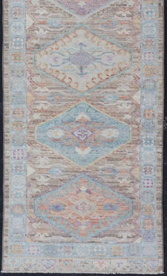 Hand Knotted Modern Oushak Geometric Medallion Designed Runner