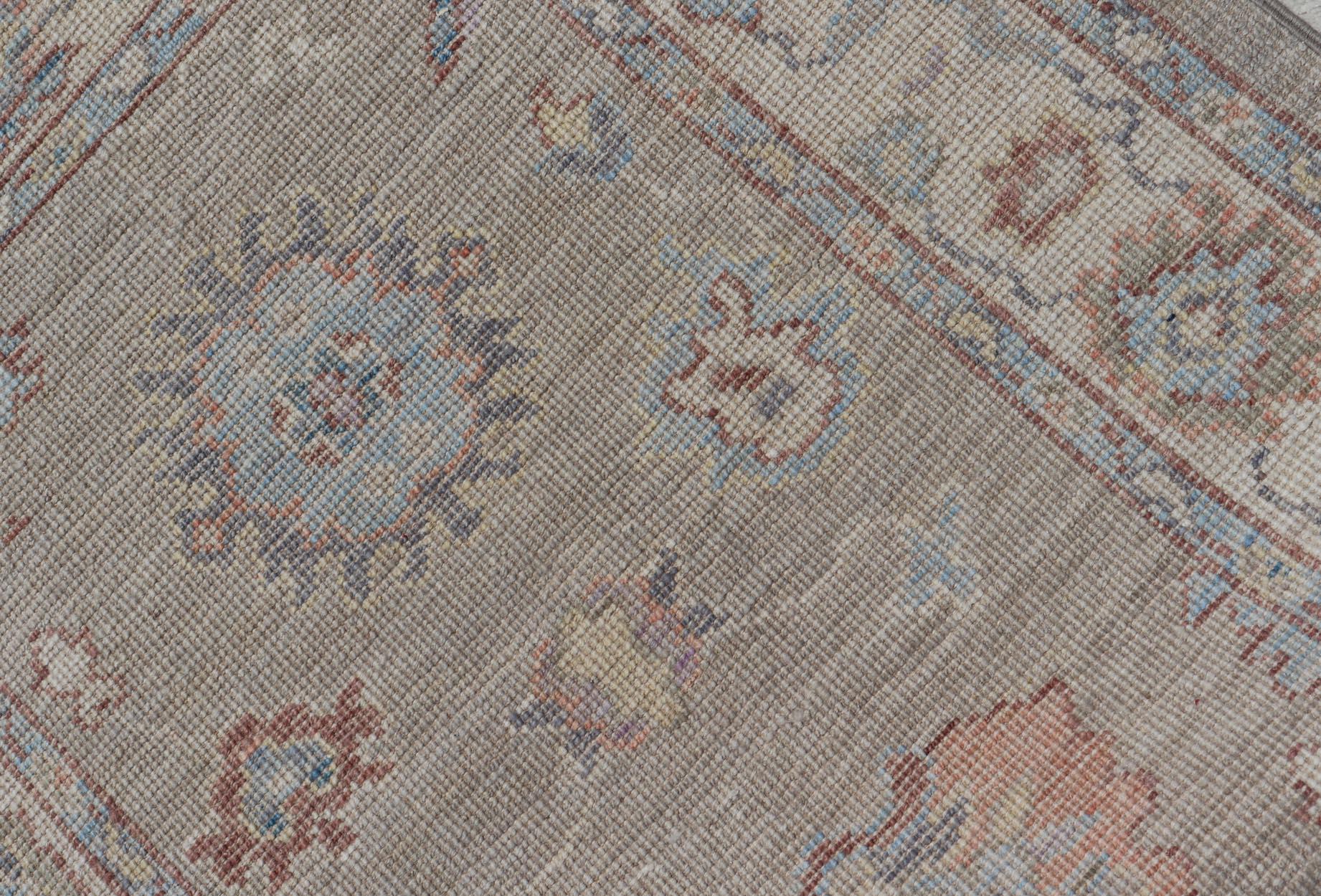 Hand-Knotted Modern Oushak Runner on Light Gray Field and Colorful Motifs 4