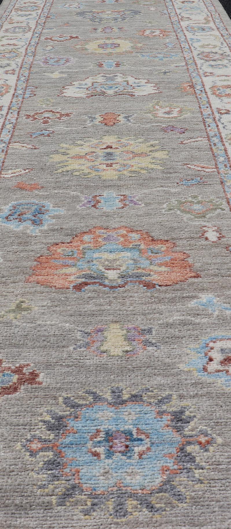 Afghan Hand-Knotted Modern Oushak Runner on Light Gray Field and Colorful Motifs