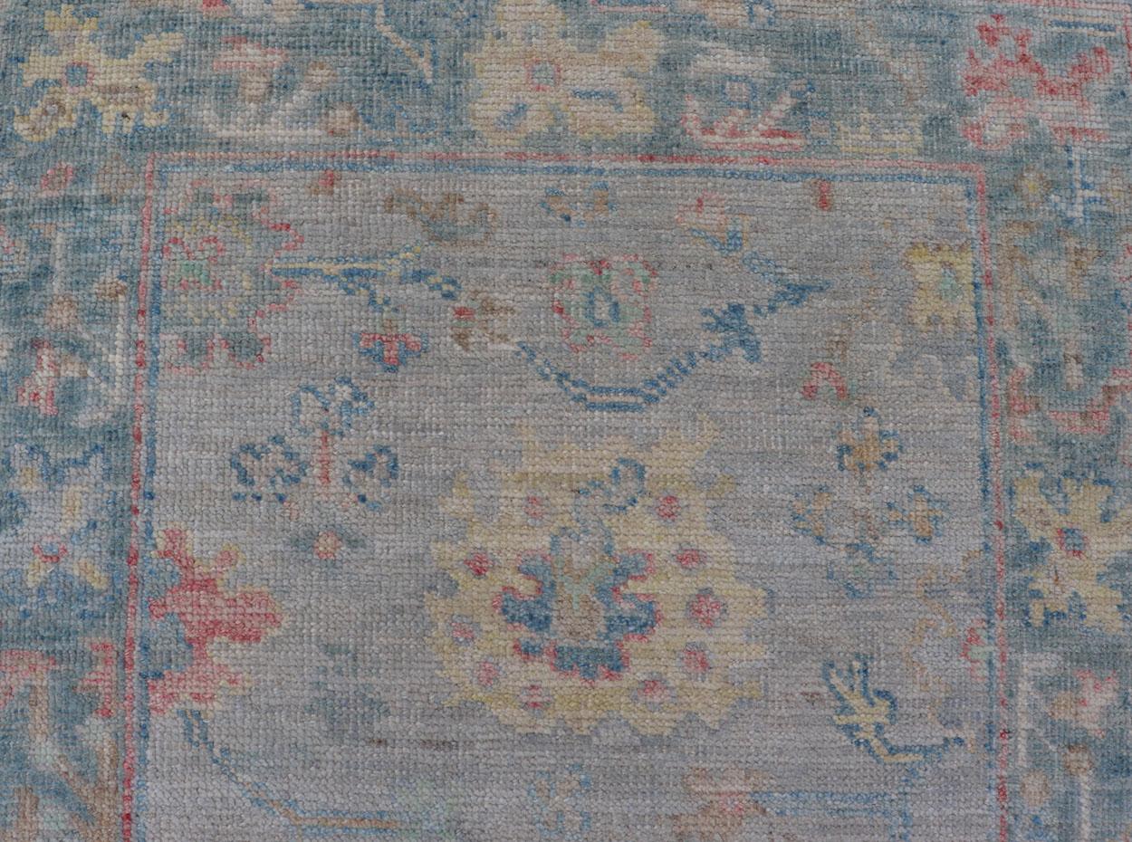 Afghan Hand Knotted Modern Oushak Runner on Light Gray Field and Colorful Motifs For Sale