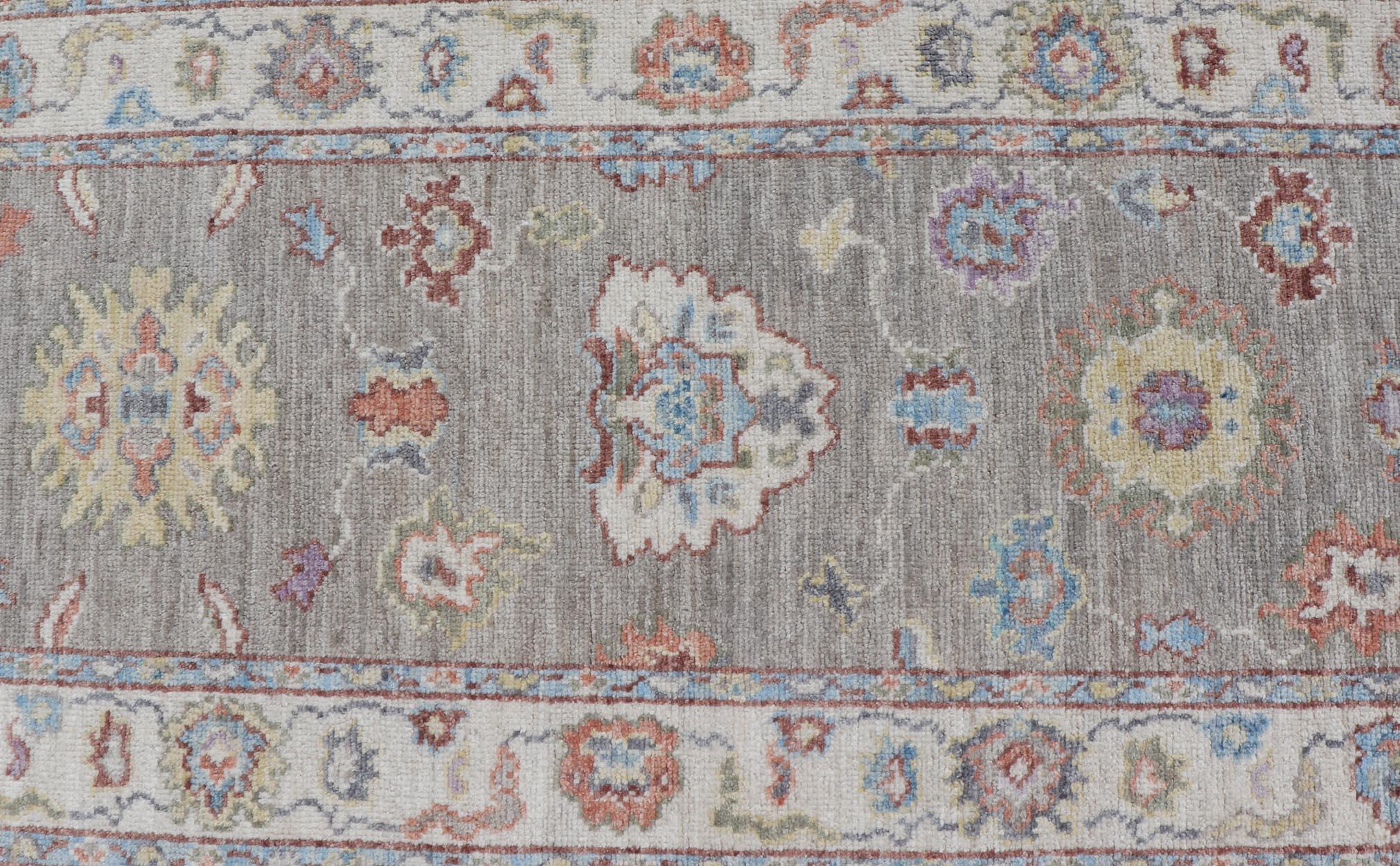 Contemporary Hand-Knotted Modern Oushak Runner on Light Gray Field and Colorful Motifs