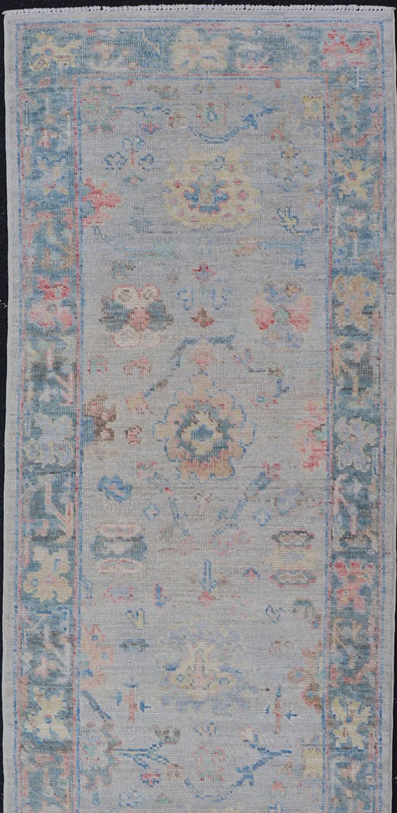 Hand Knotted Modern Oushak Runner on Light Gray Field and Colorful Motifs In New Condition For Sale In Atlanta, GA