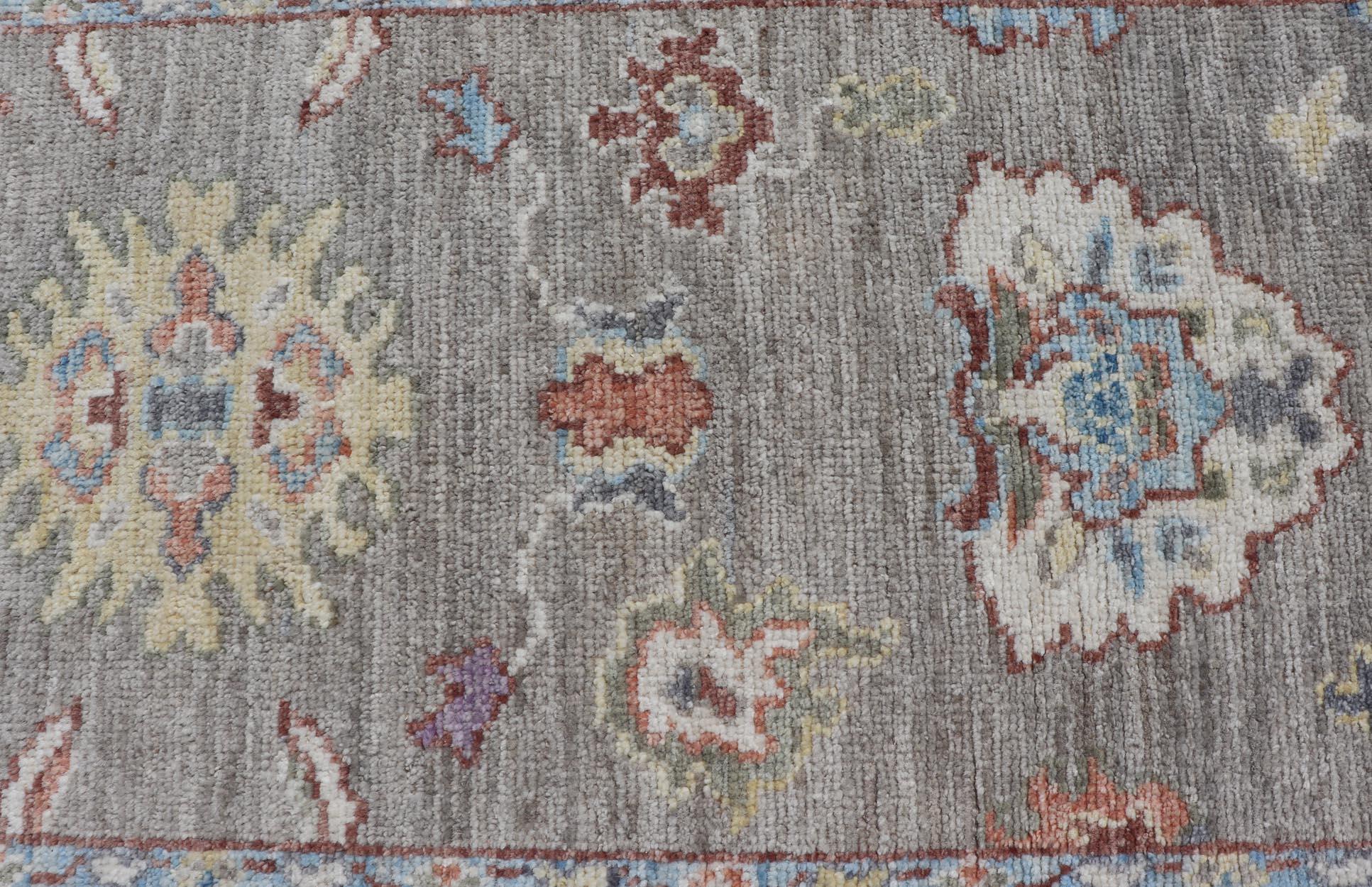 Wool Hand-Knotted Modern Oushak Runner on Light Gray Field and Colorful Motifs