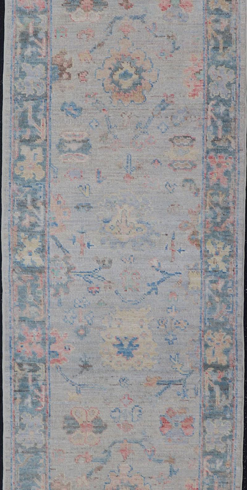 Contemporary Hand Knotted Modern Oushak Runner on Light Gray Field and Colorful Motifs For Sale